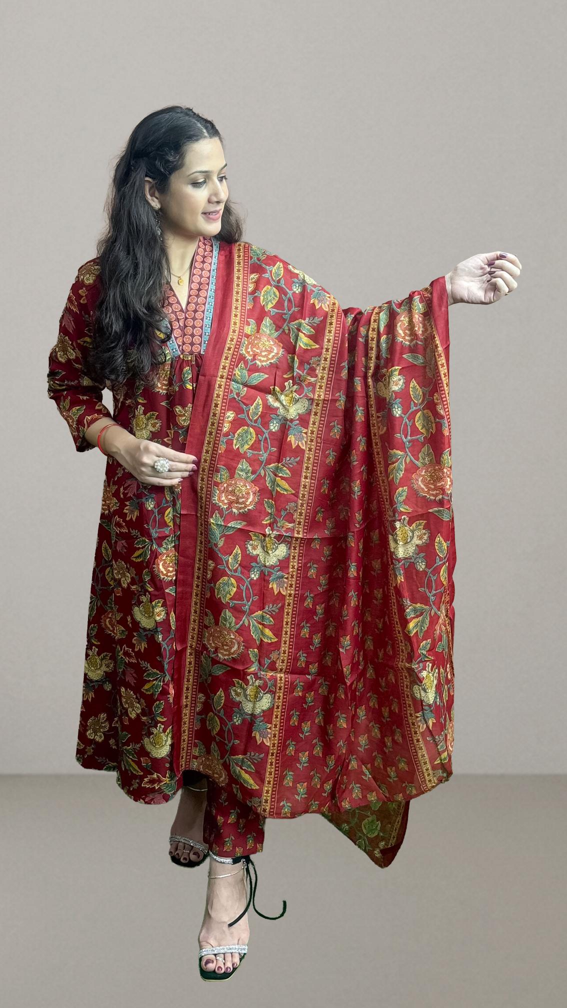 Maroon Floral Printed Anarkali Suit Set