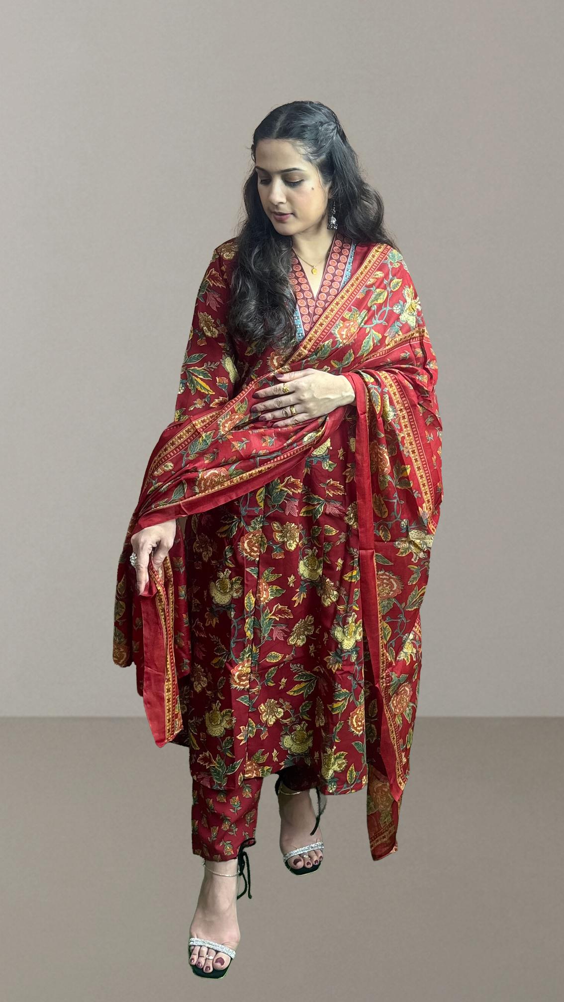 Maroon Floral Printed Anarkali Suit Set