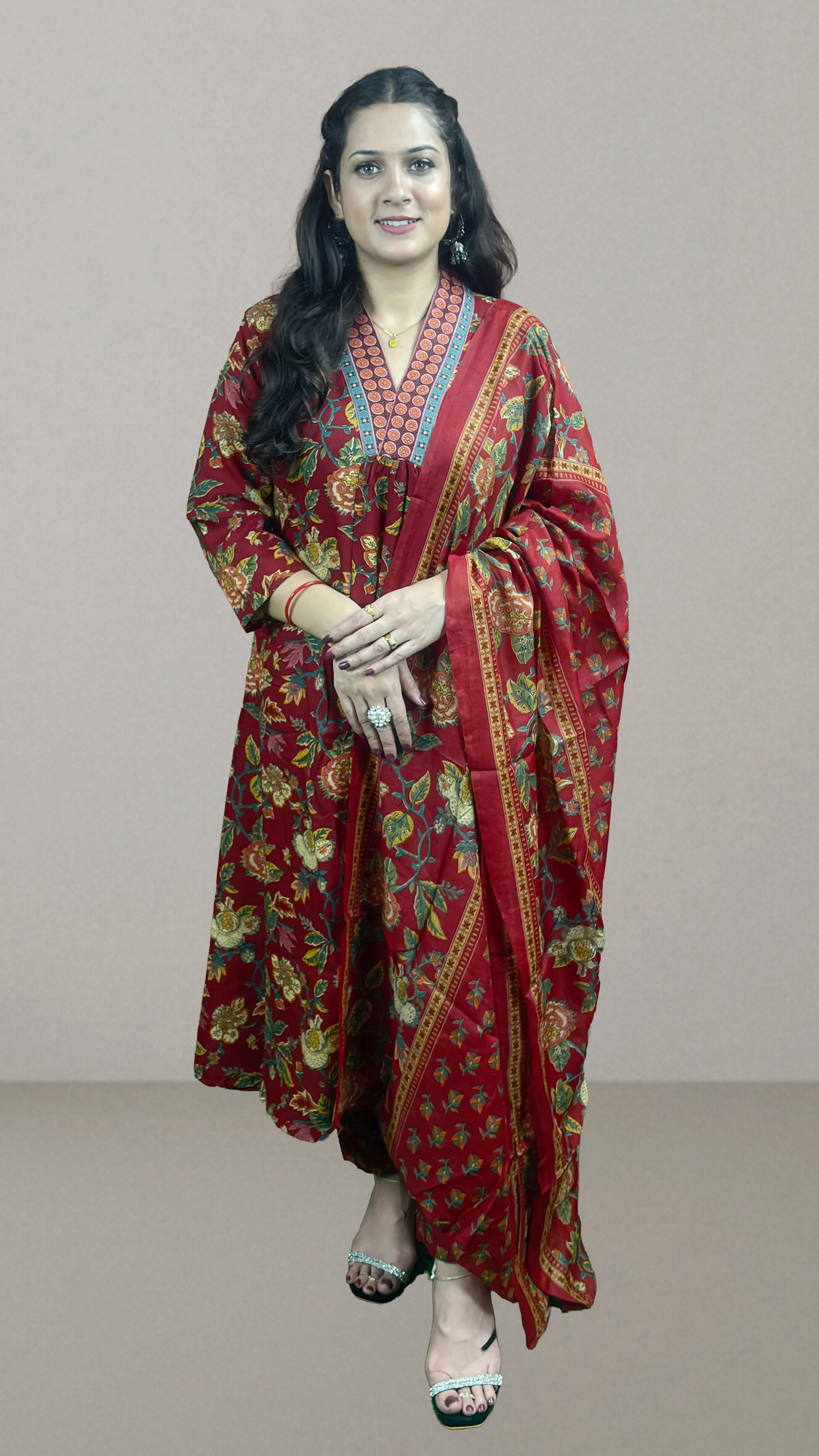 Maroon Floral Printed Anarkali Suit Set