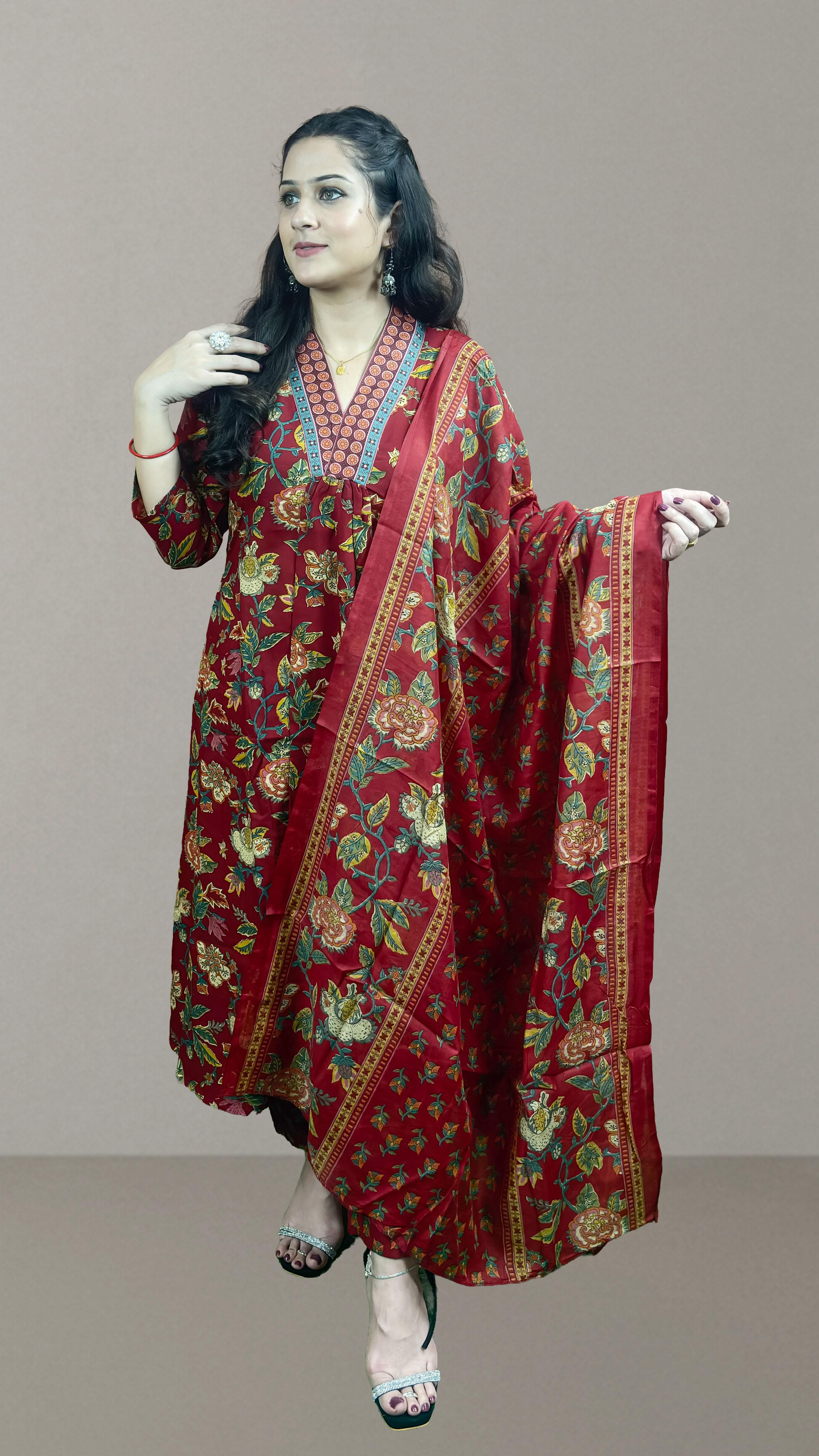 Maroon Floral Printed Anarkali Suit Set