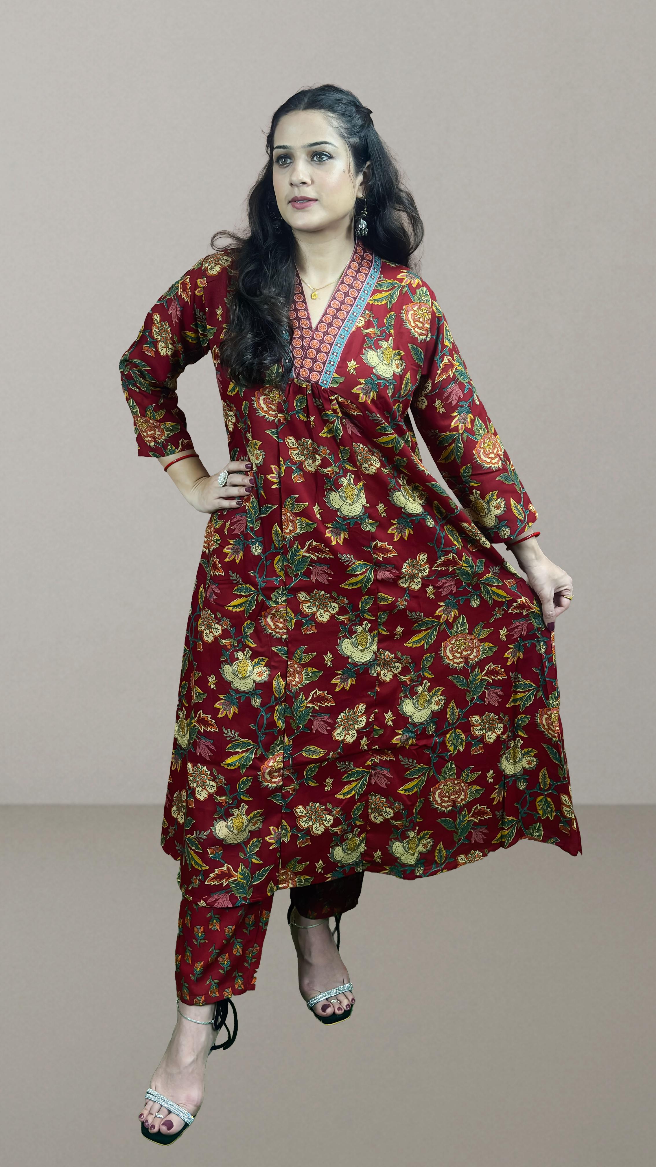 Maroon Floral Printed Anarkali Suit Set