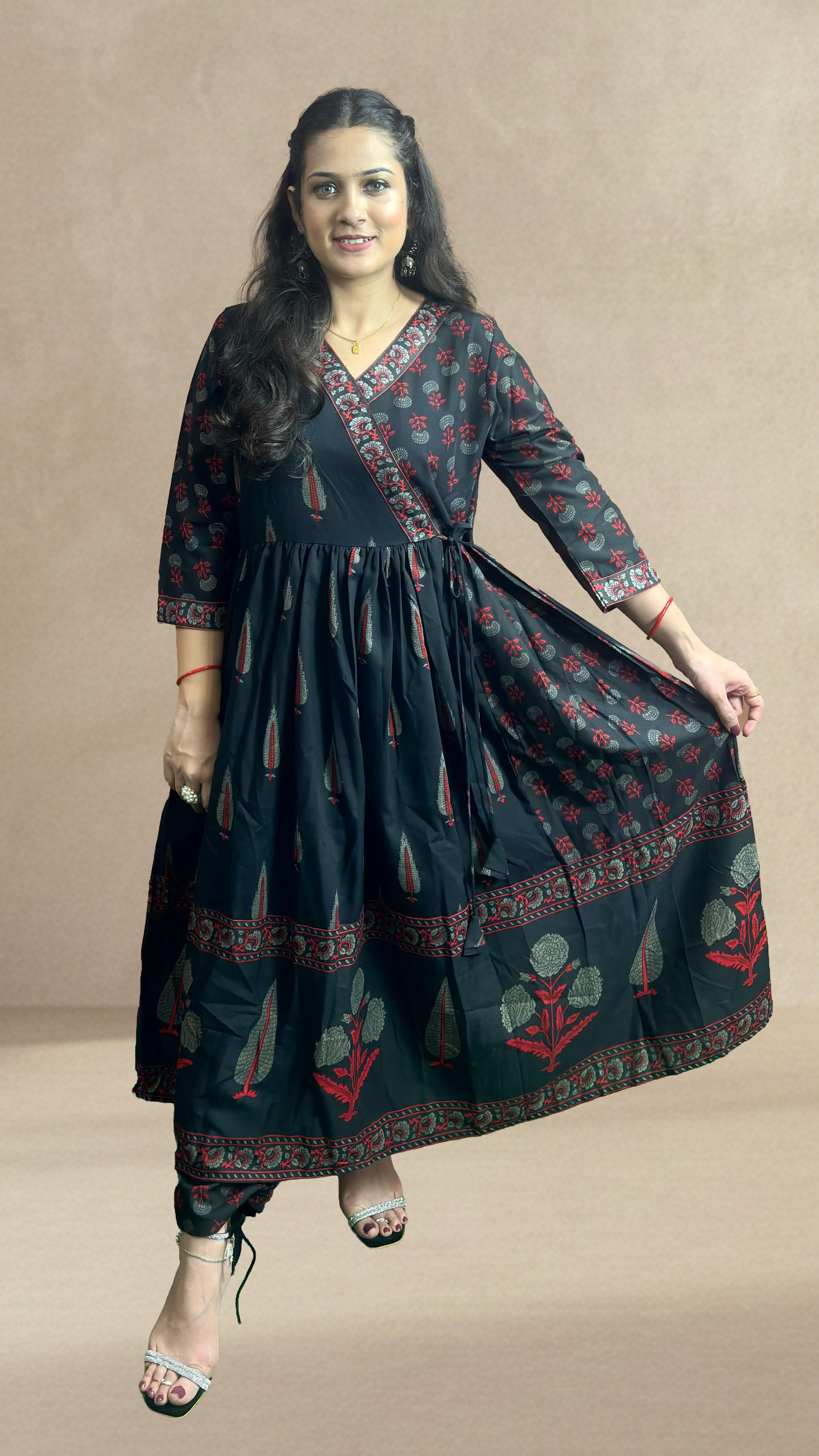 Black Printed Cotton Anarkali Suit Set