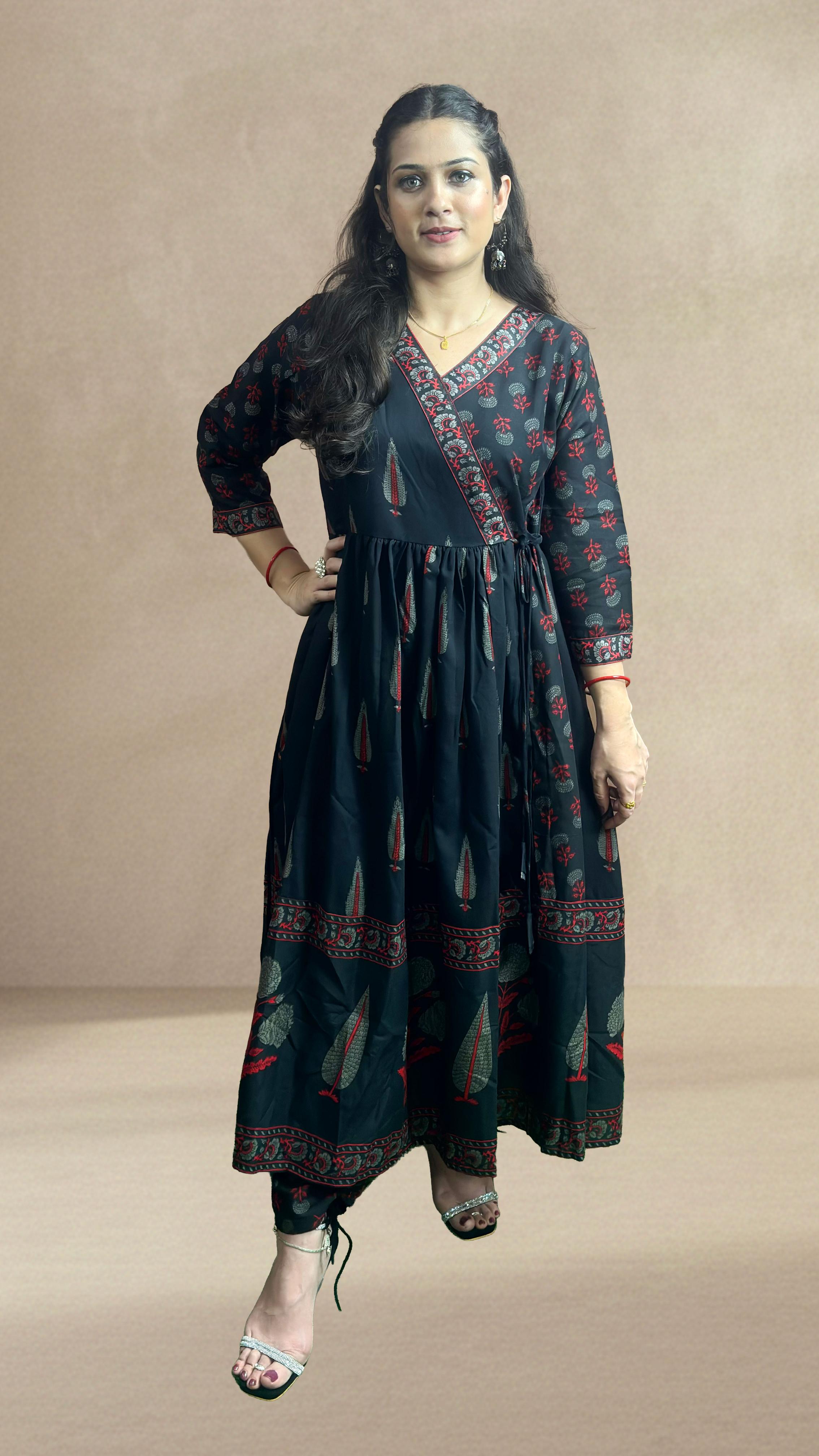 Black Printed Cotton Anarkali Suit Set