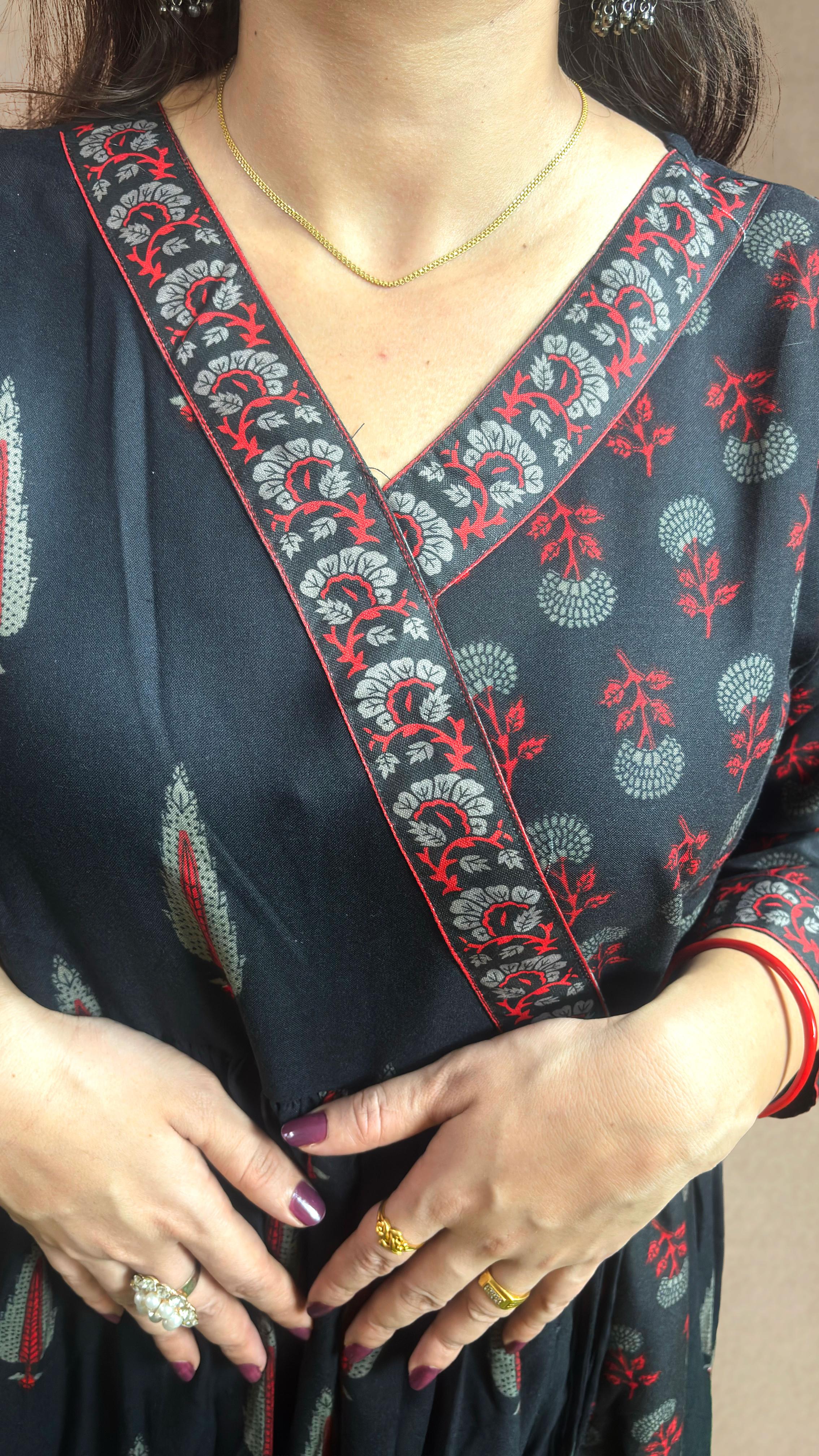 Black Printed Cotton Anarkali Suit Set