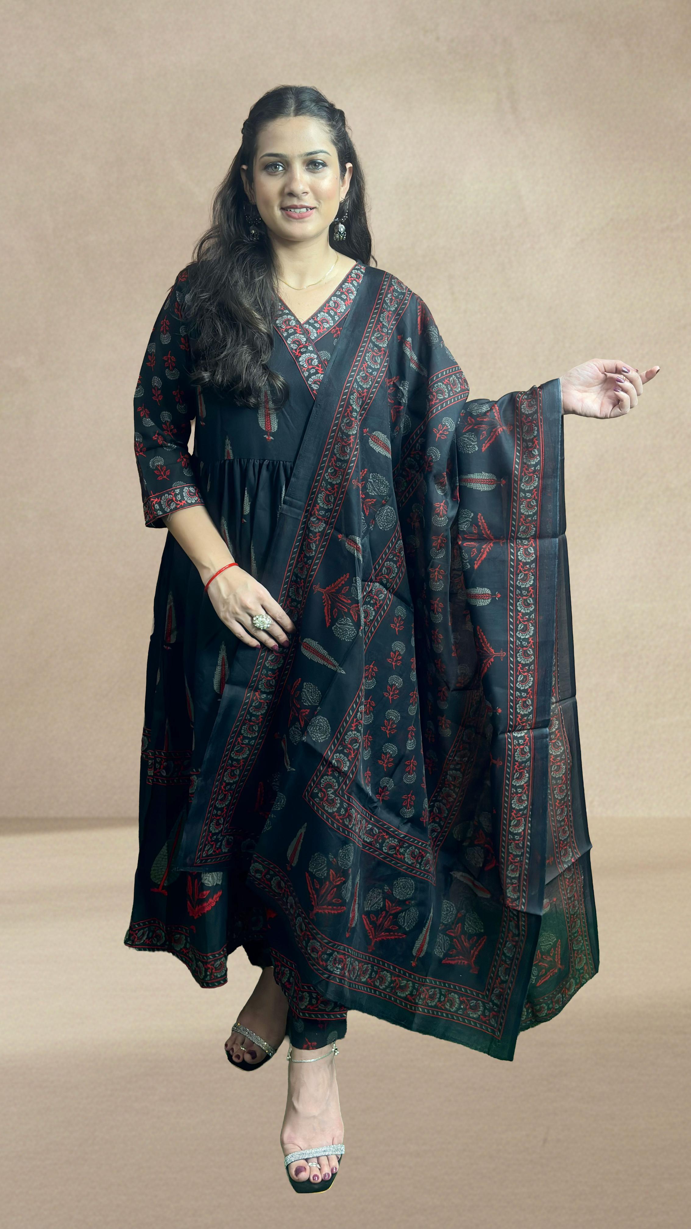Black Printed Cotton Anarkali Suit Set