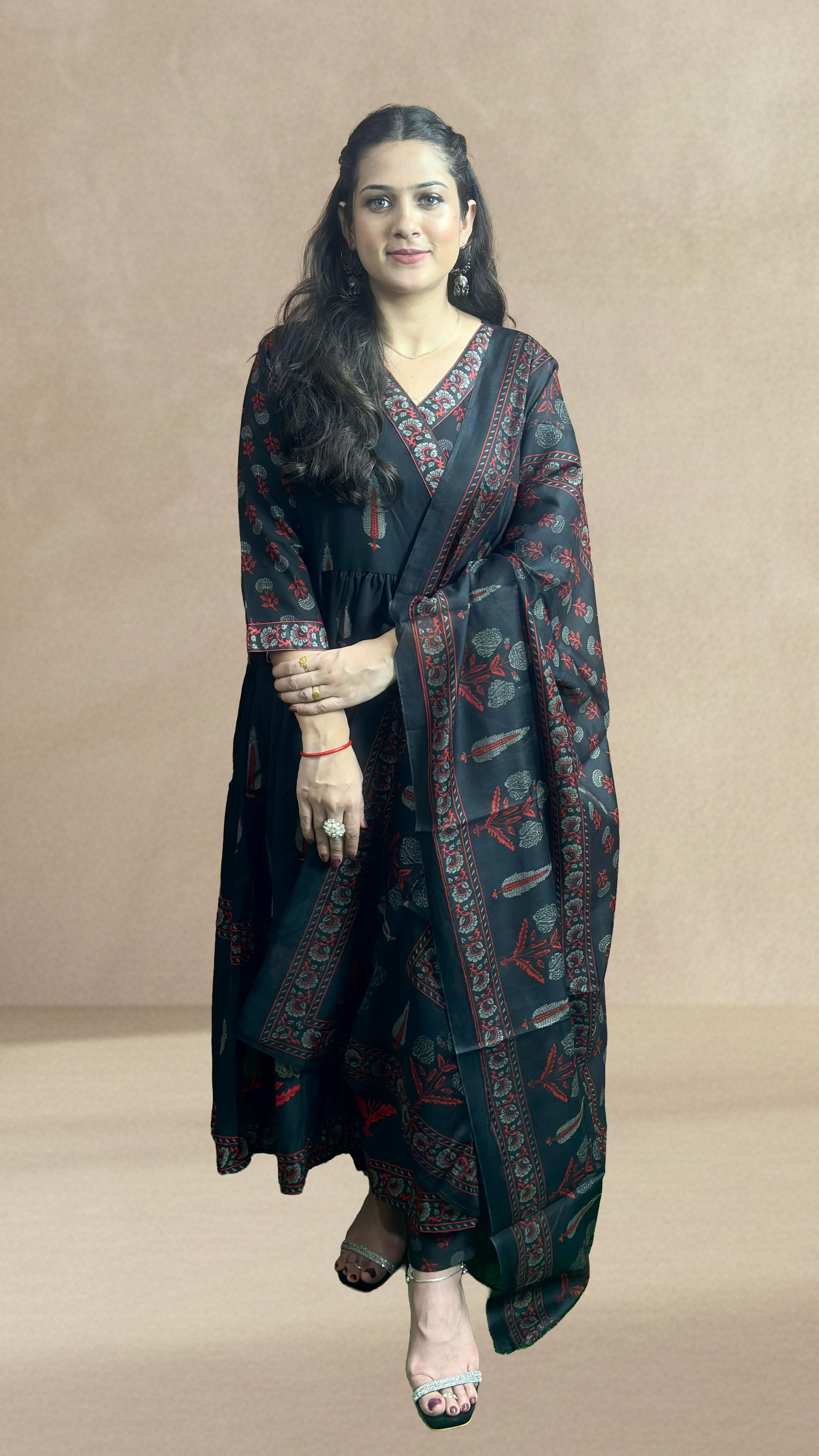 Black Printed Cotton Anarkali Suit Set