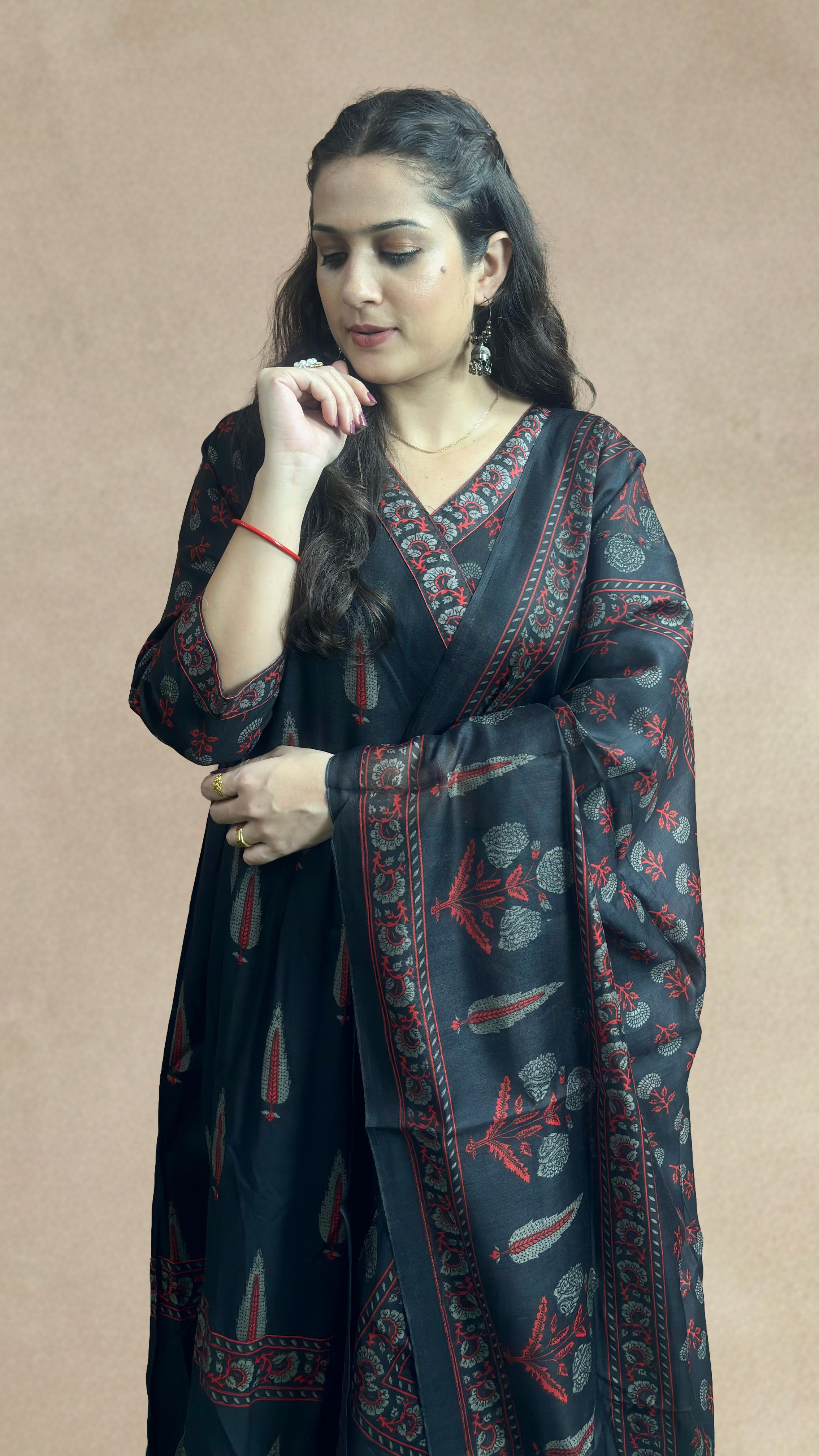 Black Printed Cotton Anarkali Suit Set