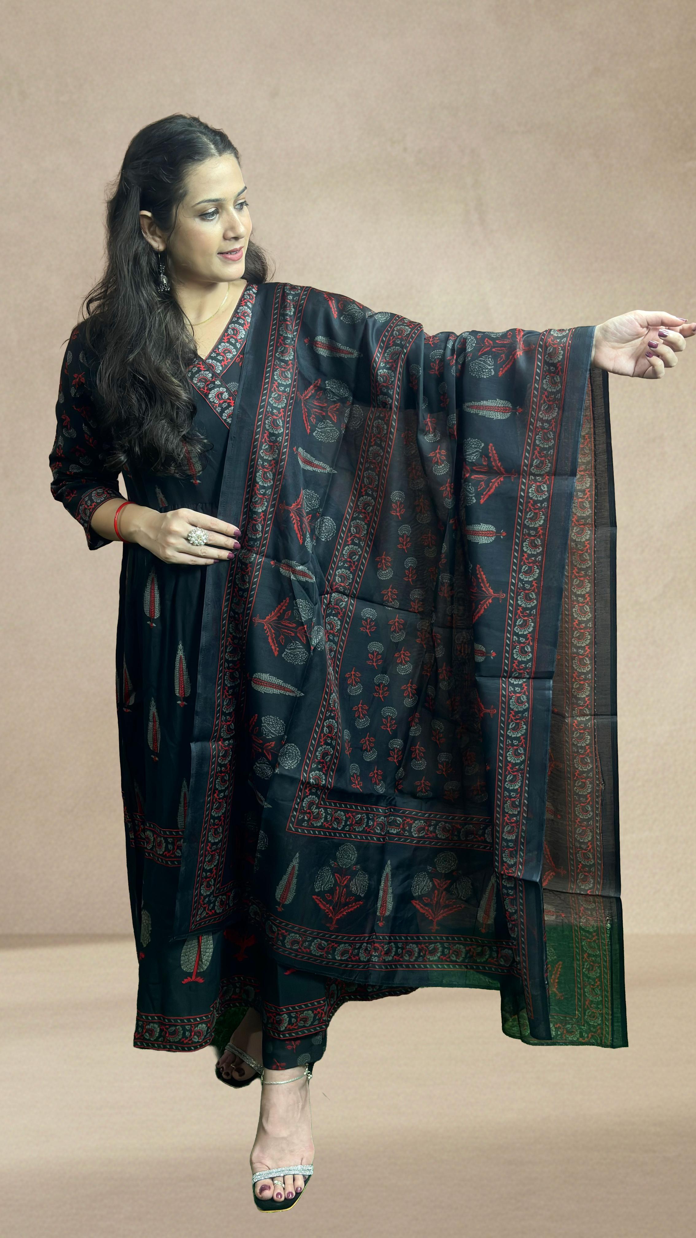 Black Printed Cotton Anarkali Suit Set