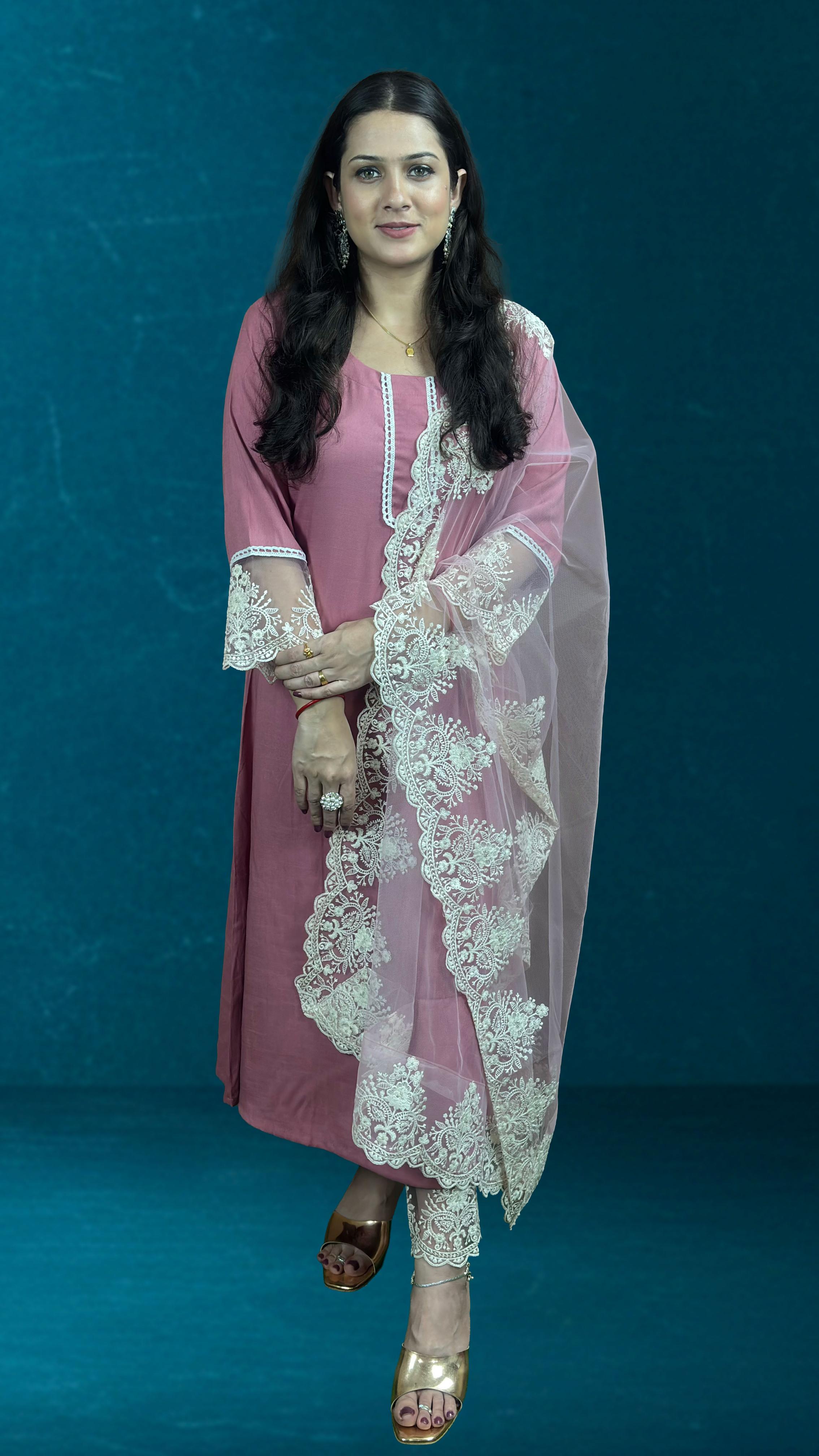 Dusty Rose pink Suit Set with Lace Dupatta