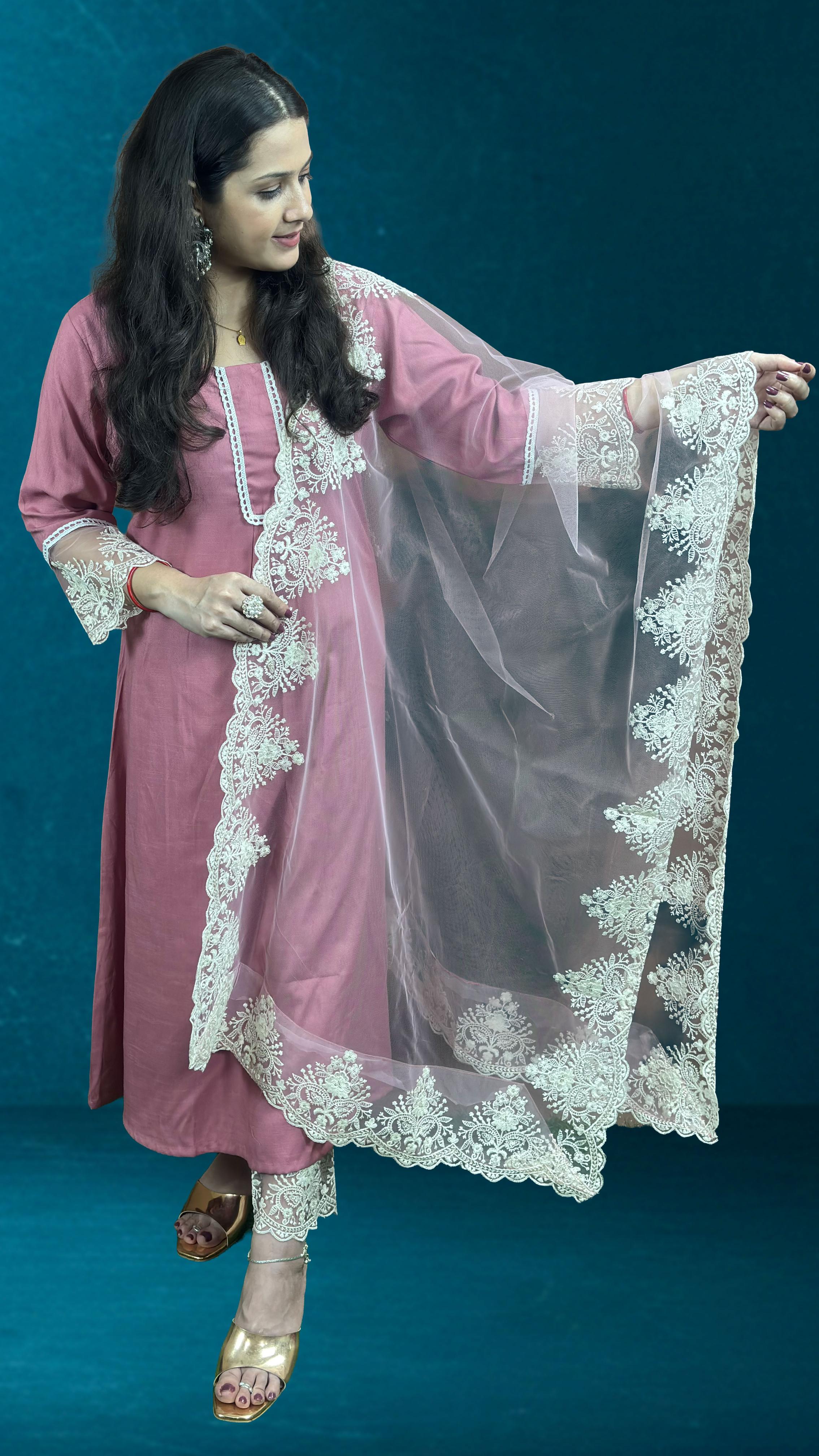 Dusty Rose pink Suit Set with Lace Dupatta