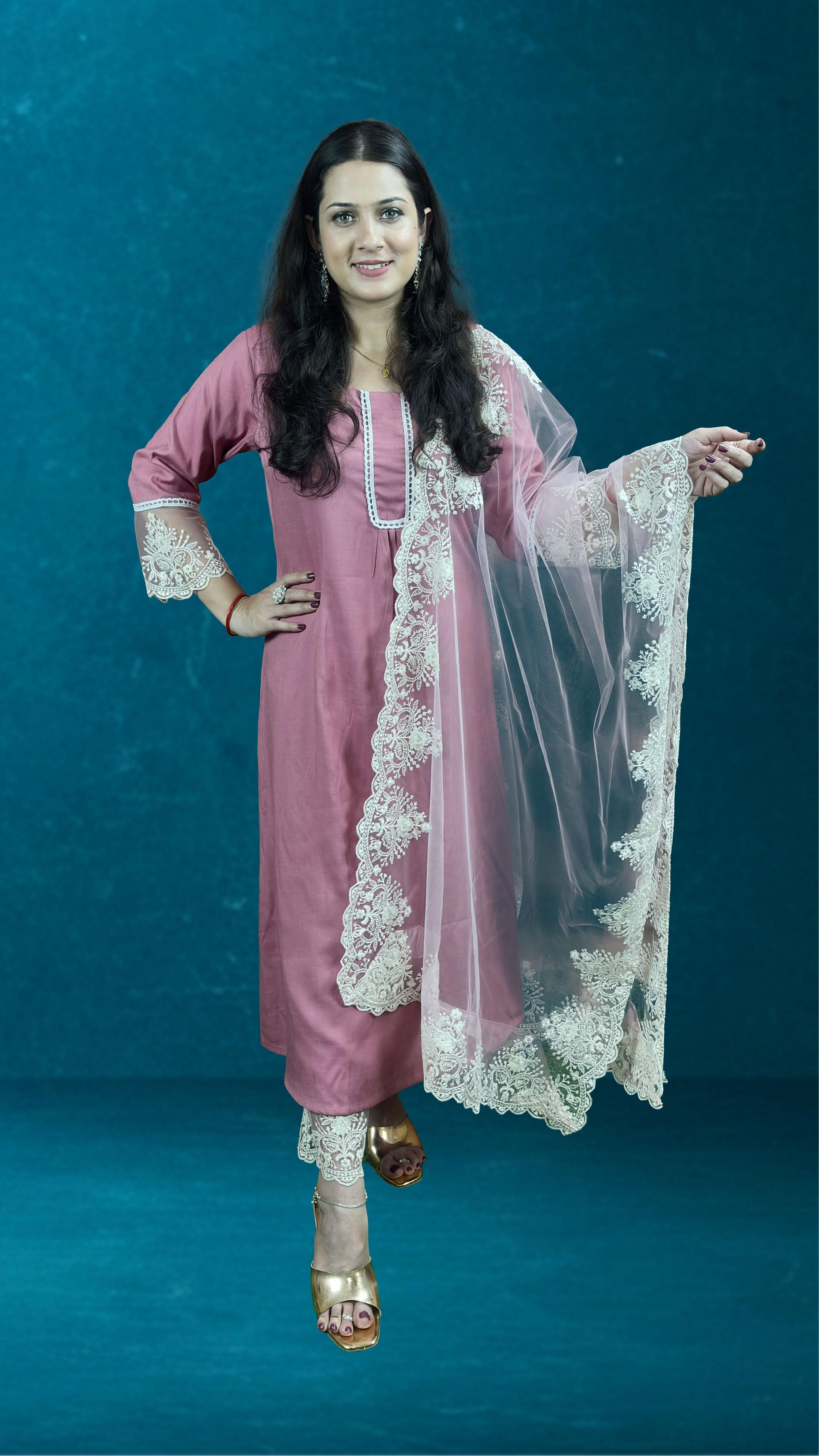 Dusty Rose pink Suit Set with Lace Dupatta