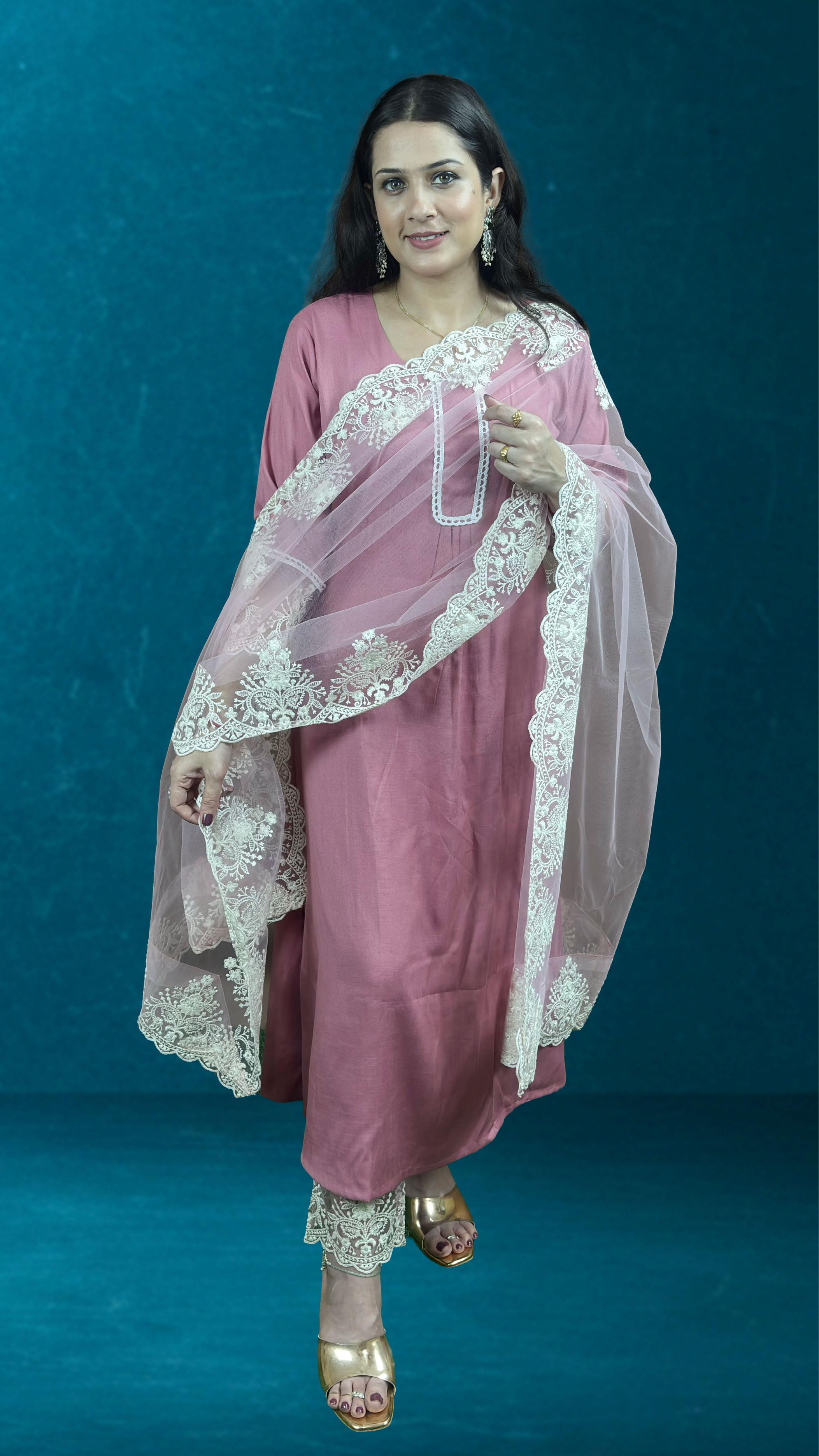 Dusty Rose pink Suit Set with Lace Dupatta