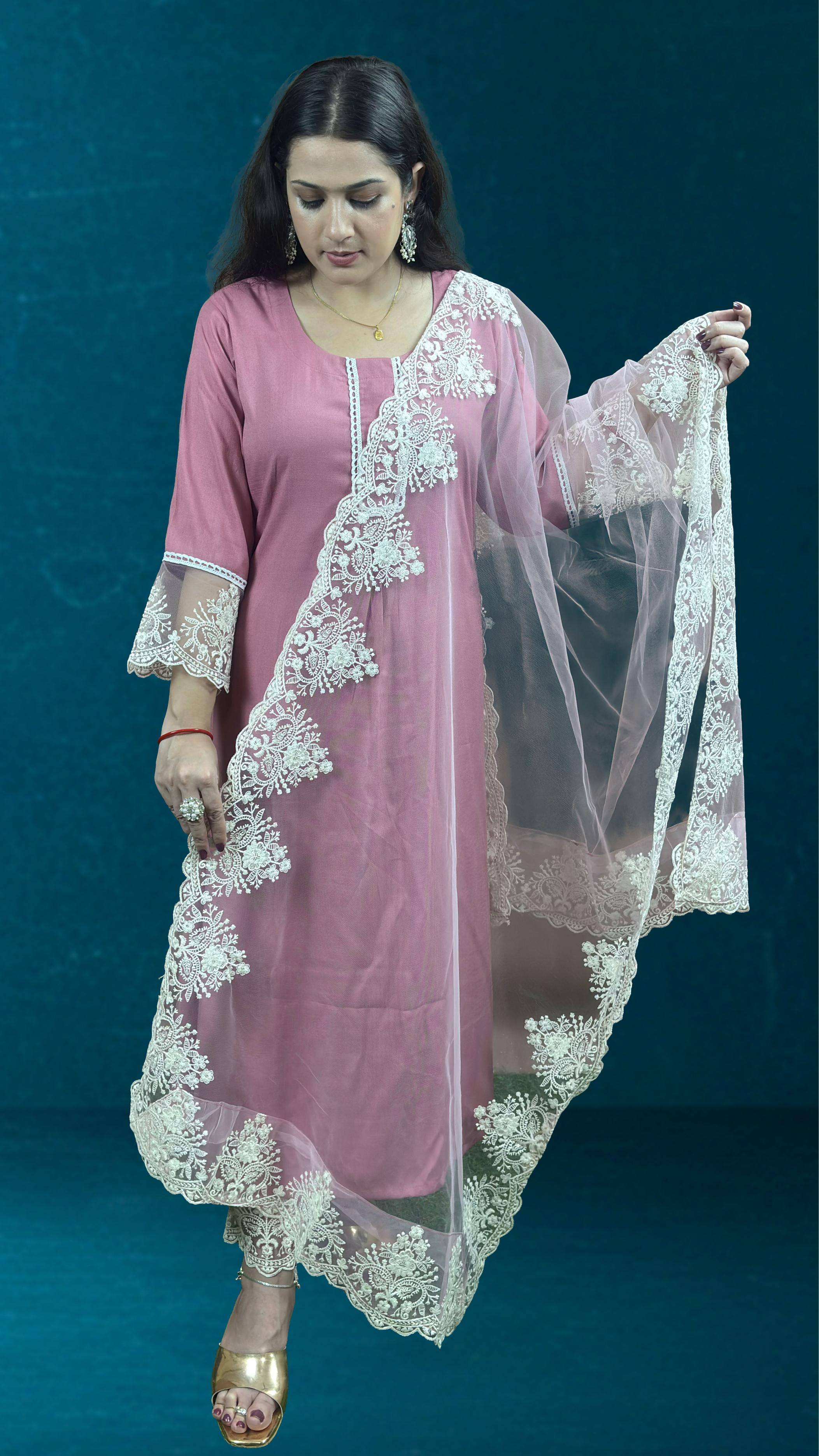 Dusty Rose pink Suit Set with Lace Dupatta