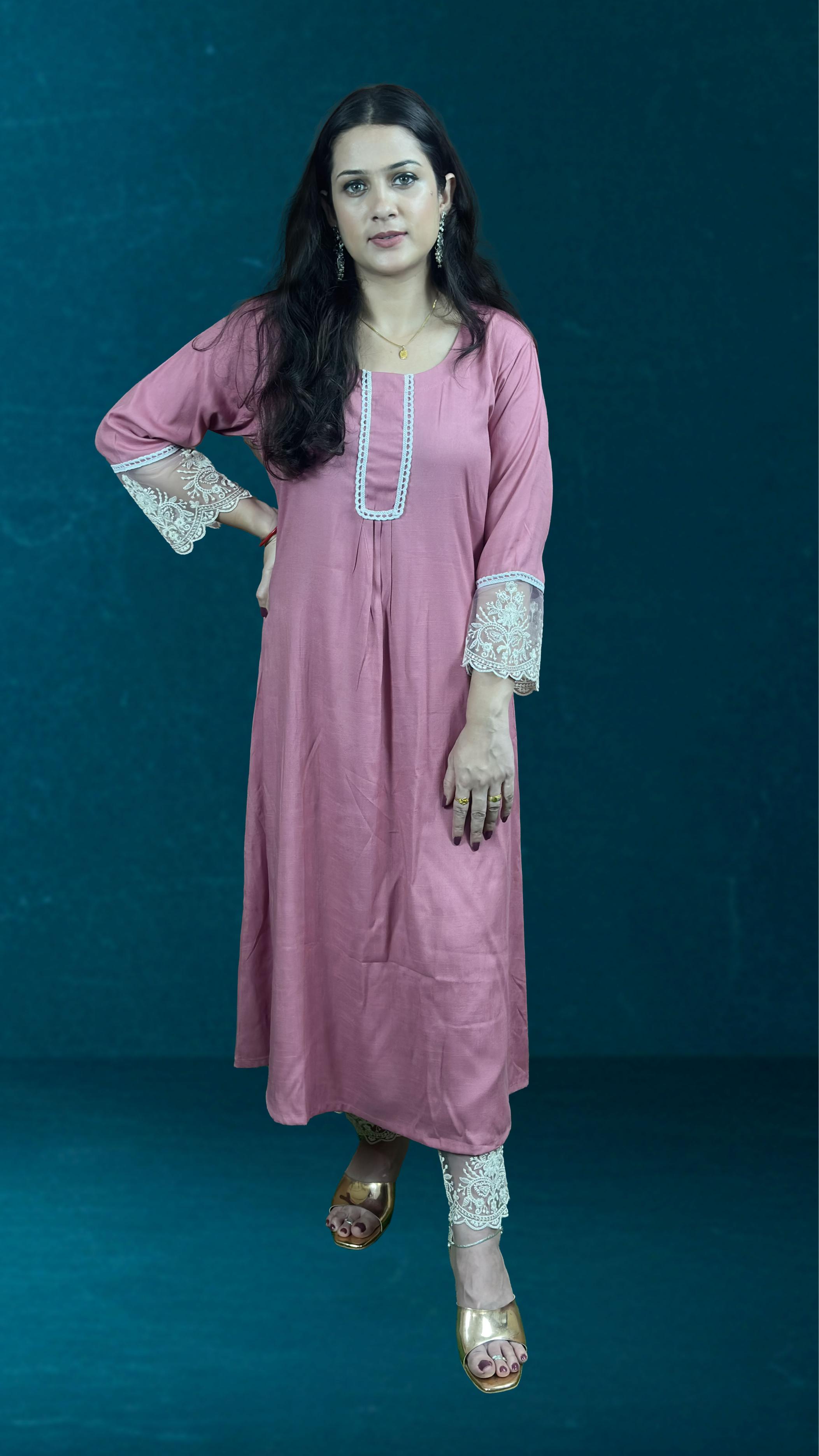 Dusty Rose pink Suit Set with Lace Dupatta