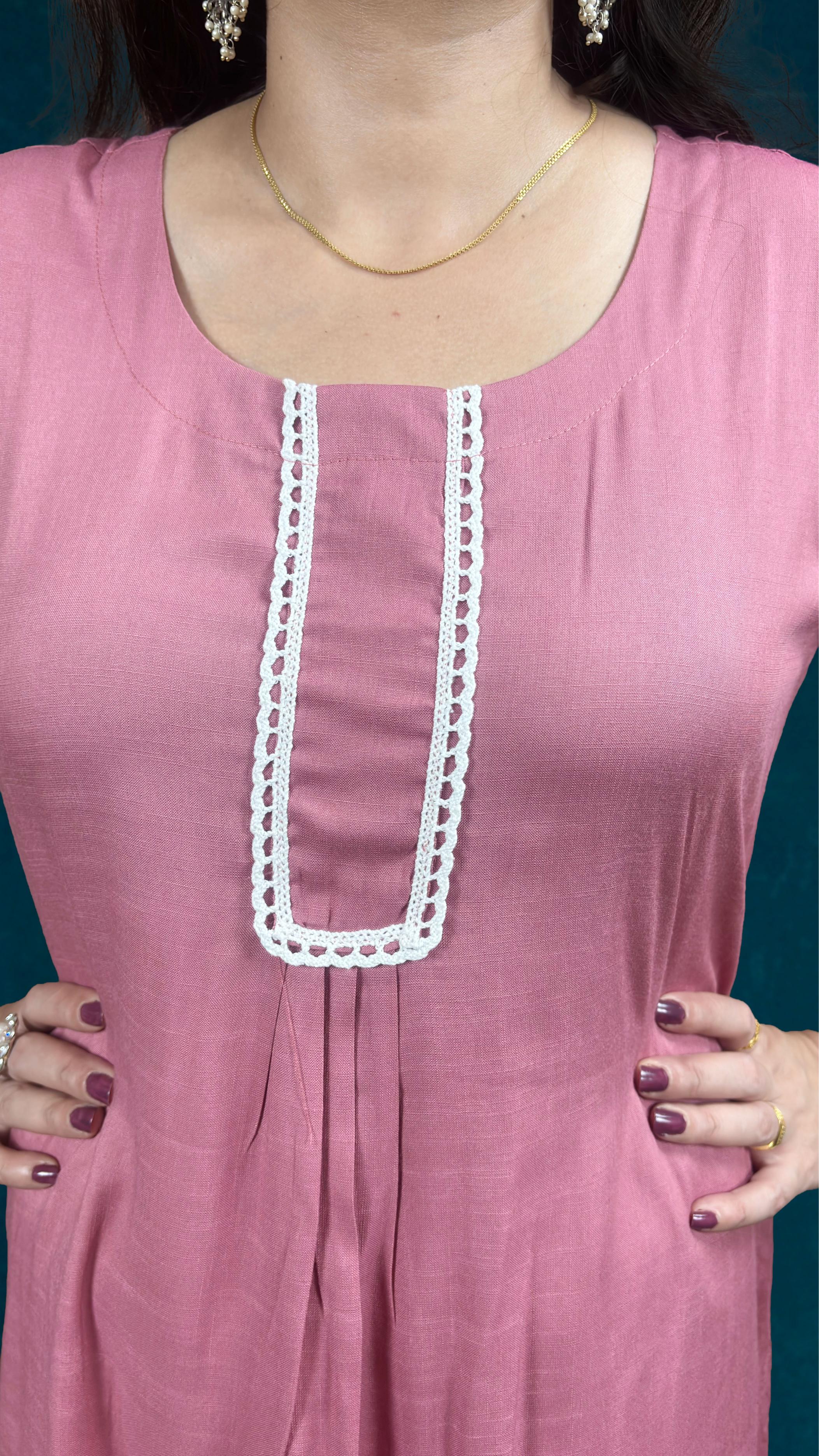 Dusty Rose pink Suit Set with Lace Dupatta