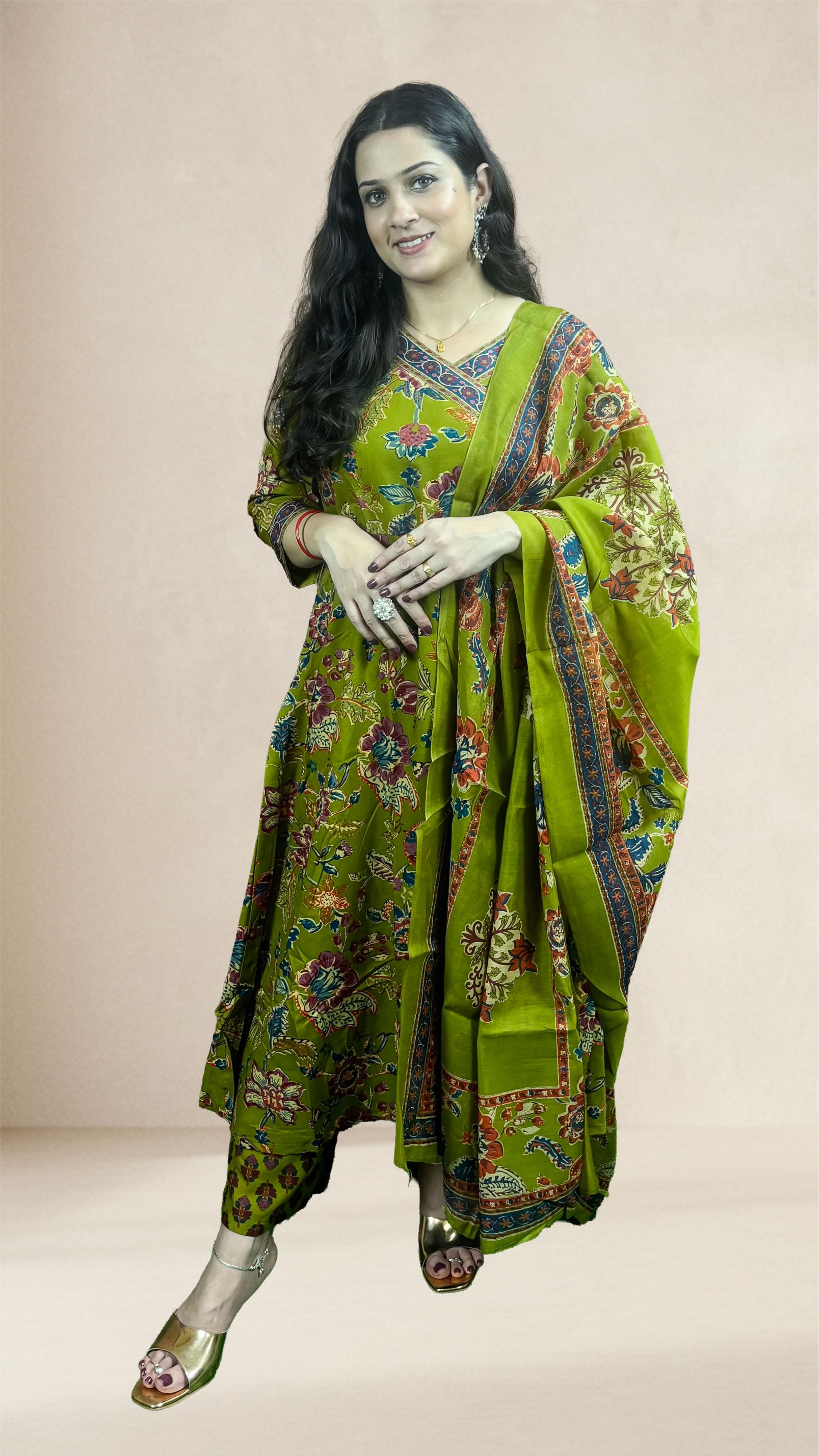 Olive Green Floral Printed Suit Set