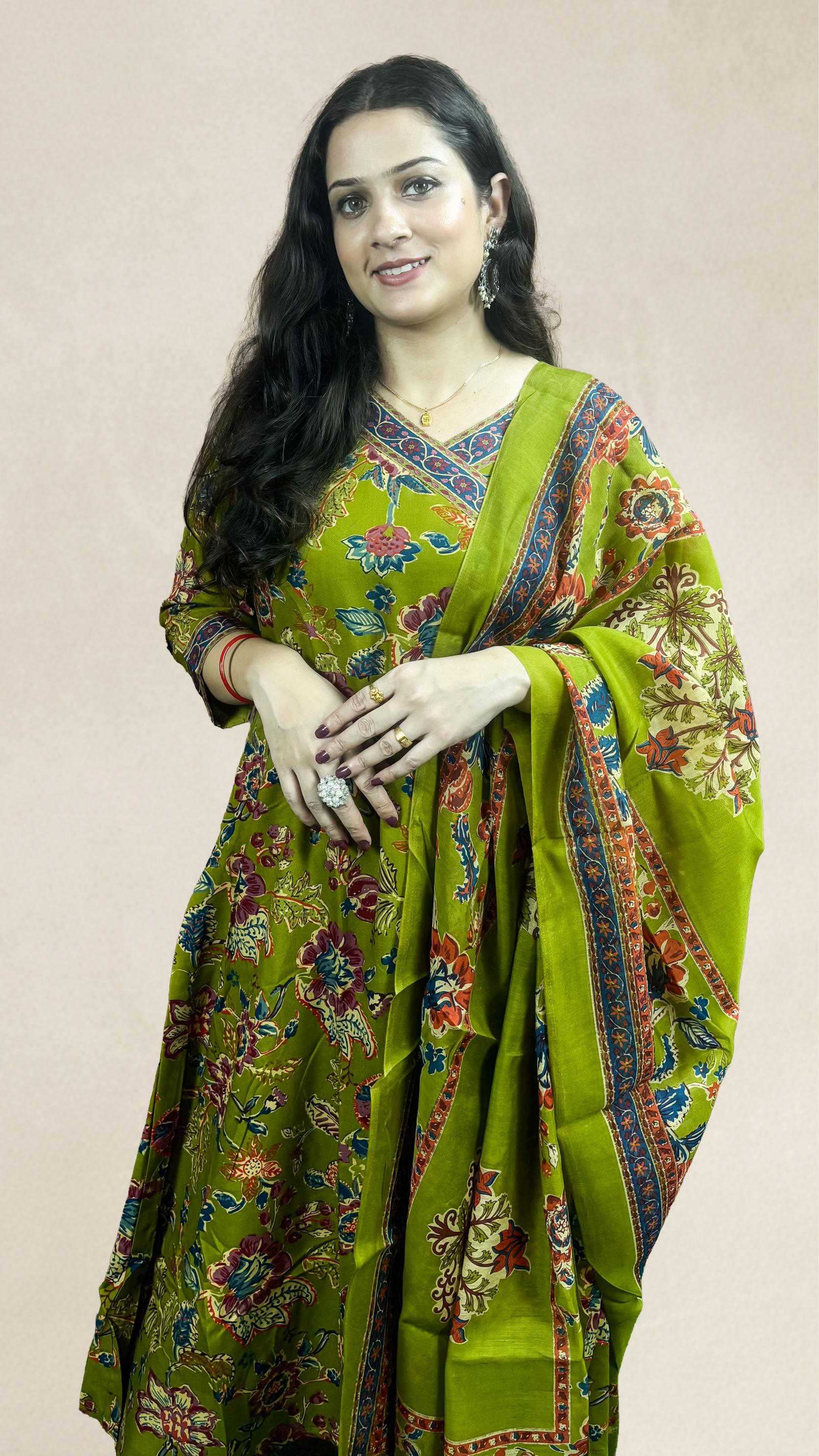 Olive Green Floral Printed Suit Set