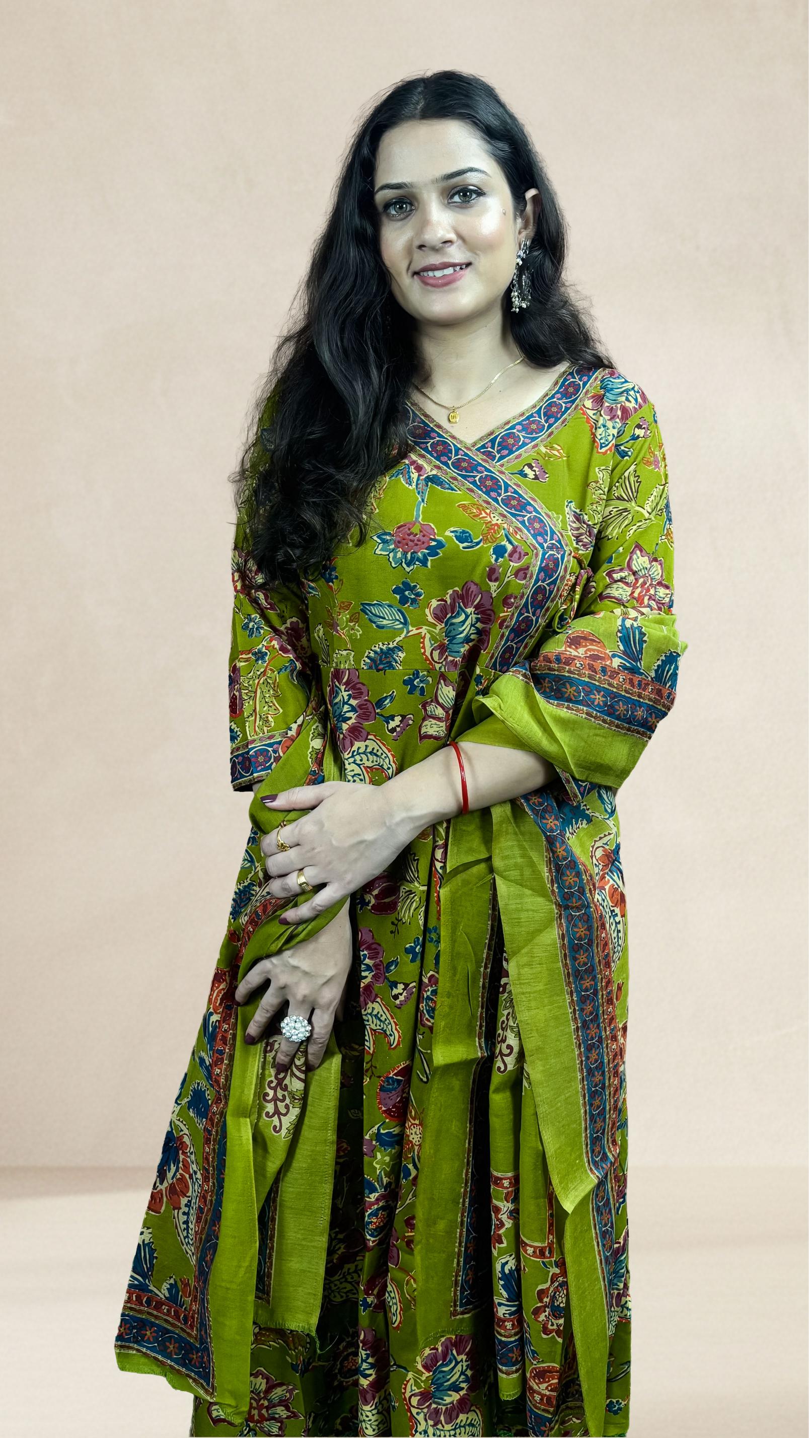 Olive Green Floral Printed Suit Set