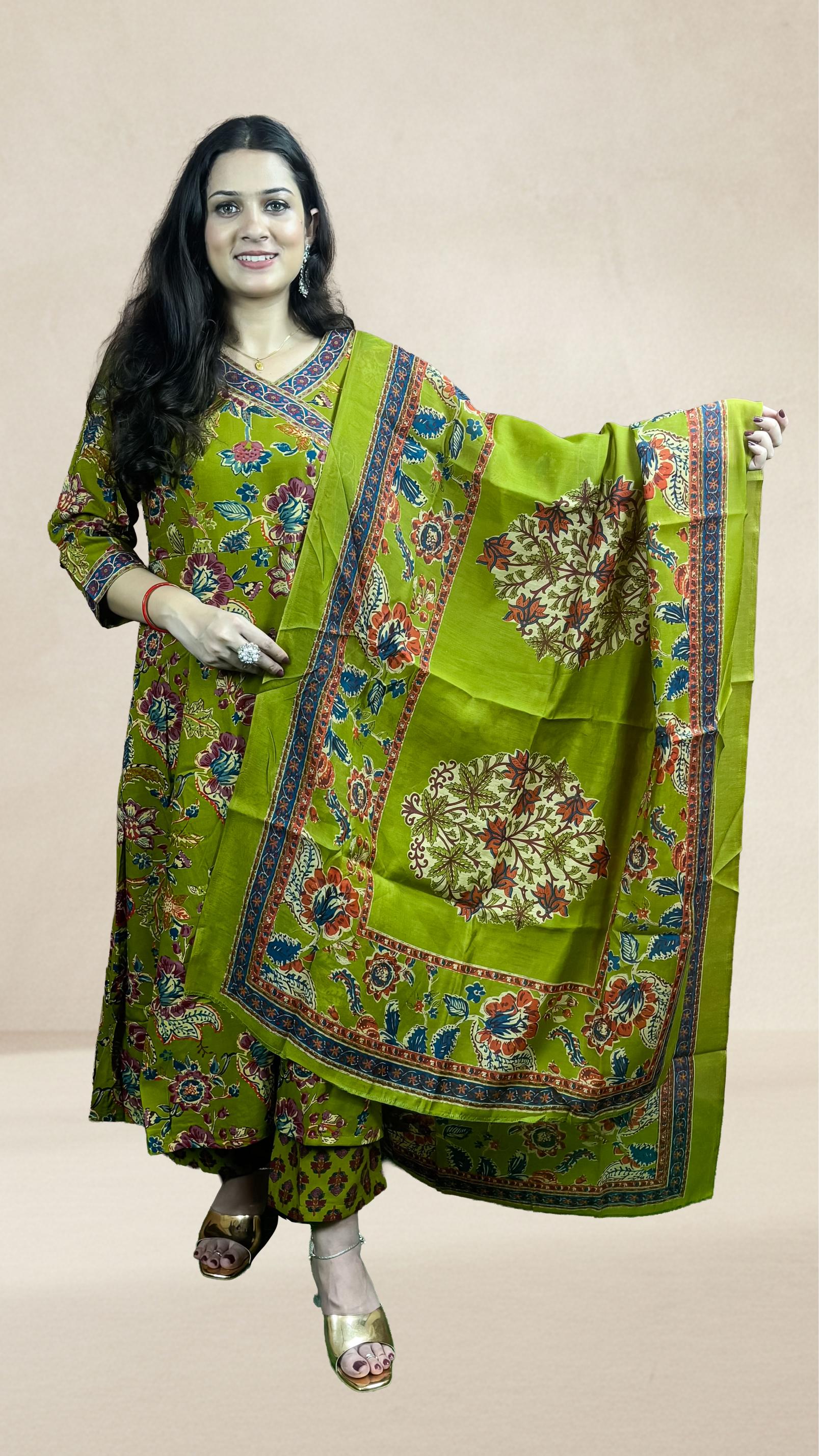 Olive Green Floral Printed Suit Set