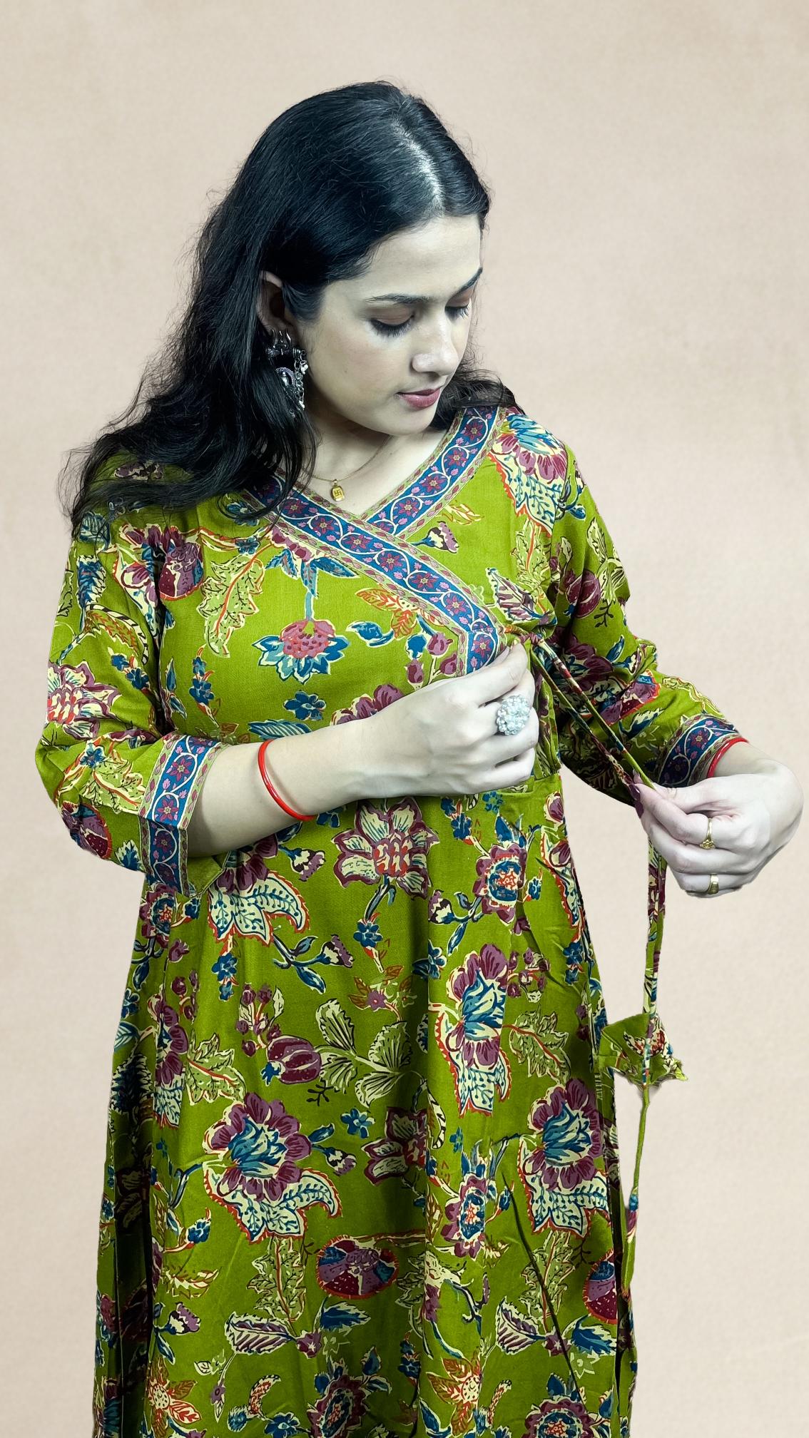 Olive Green Floral Printed Suit Set