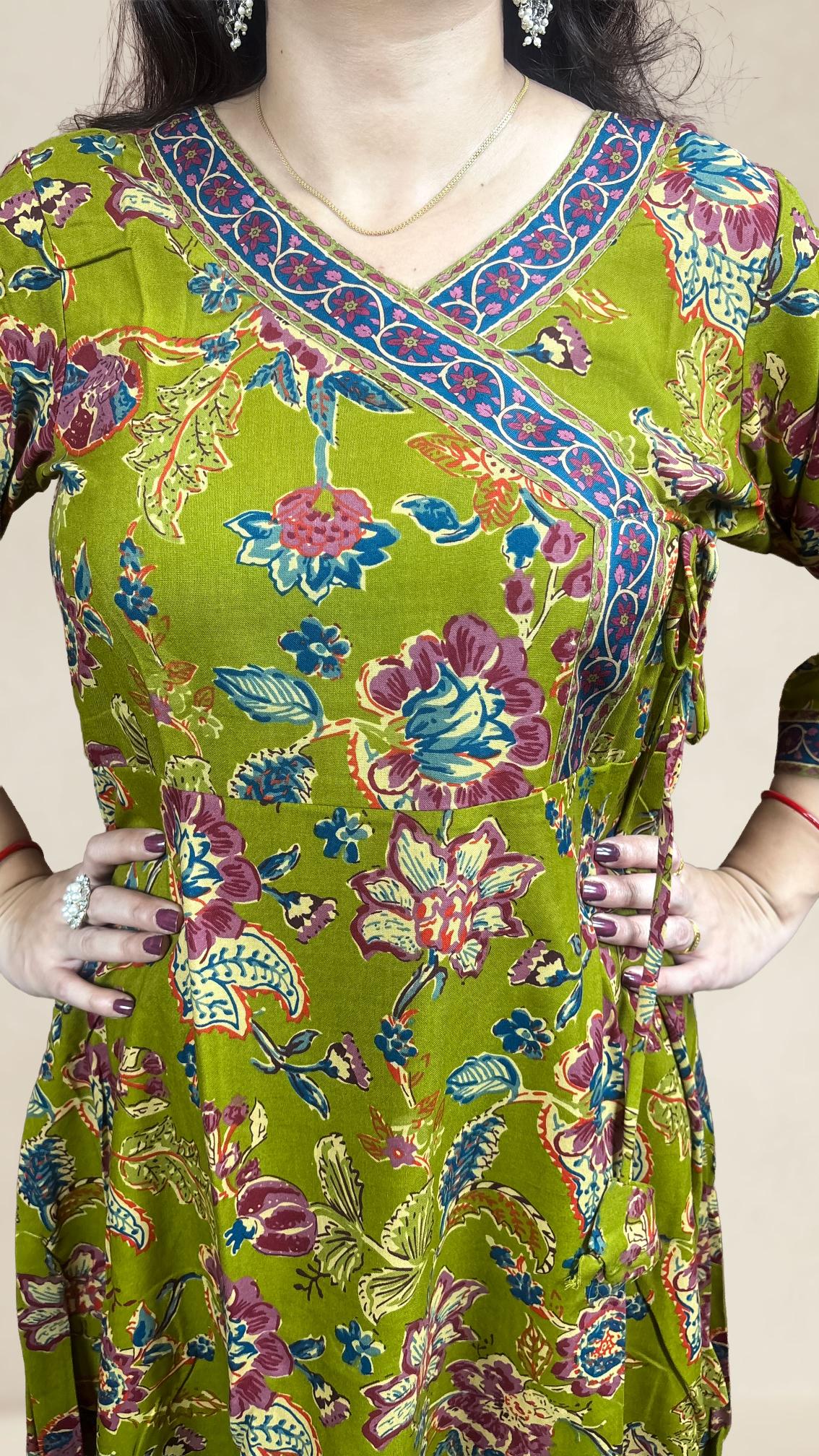Olive Green Floral Printed Suit Set