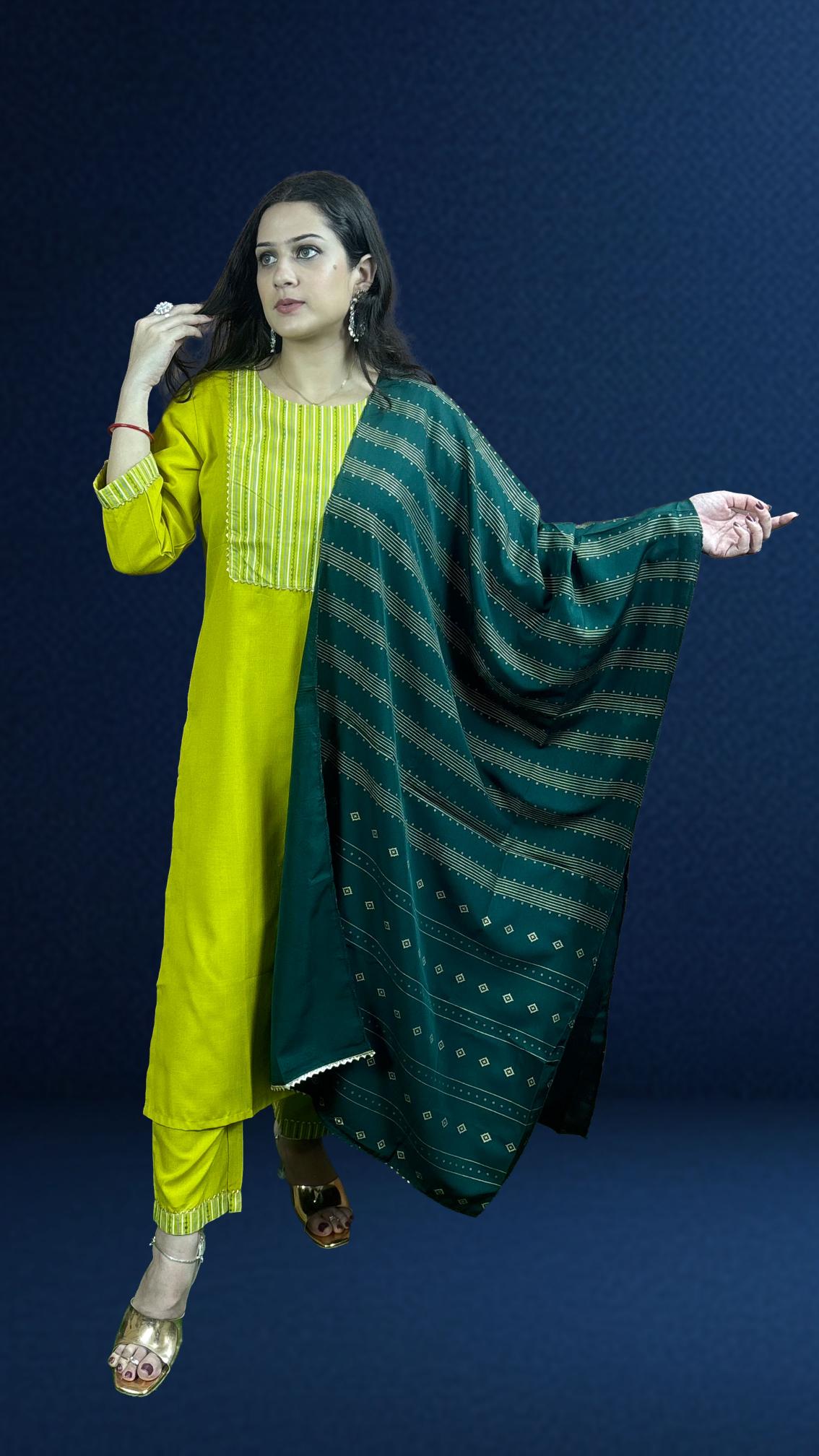 Mustard Yellow Suit Set with Dark Green Dupatta