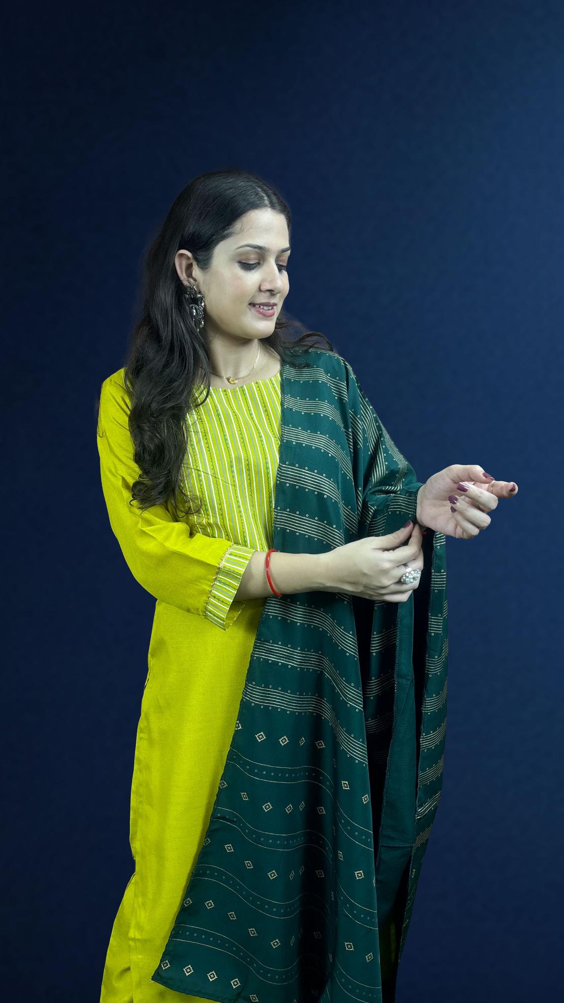Mustard Yellow Suit Set with Dark Green Dupatta