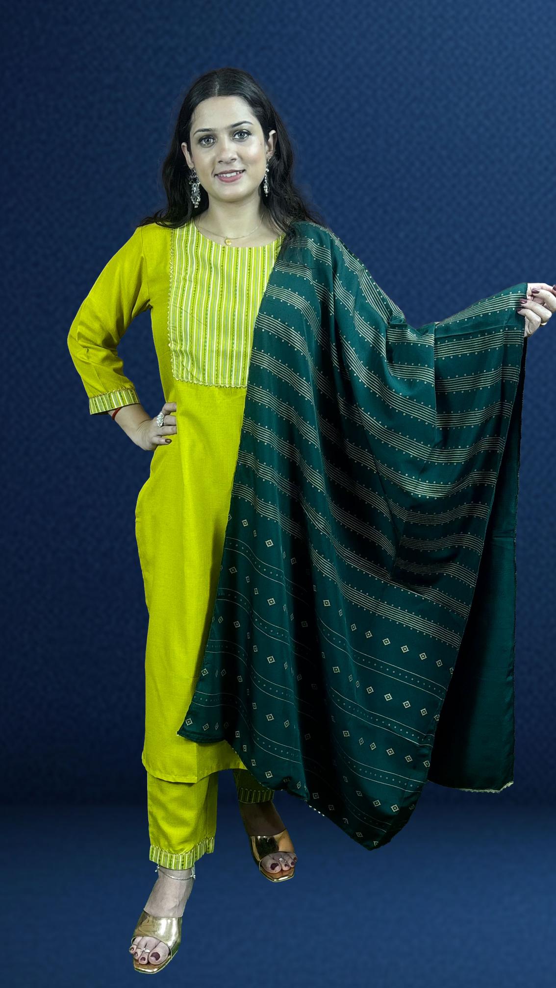 Mustard Yellow Suit Set with Dark Green Dupatta