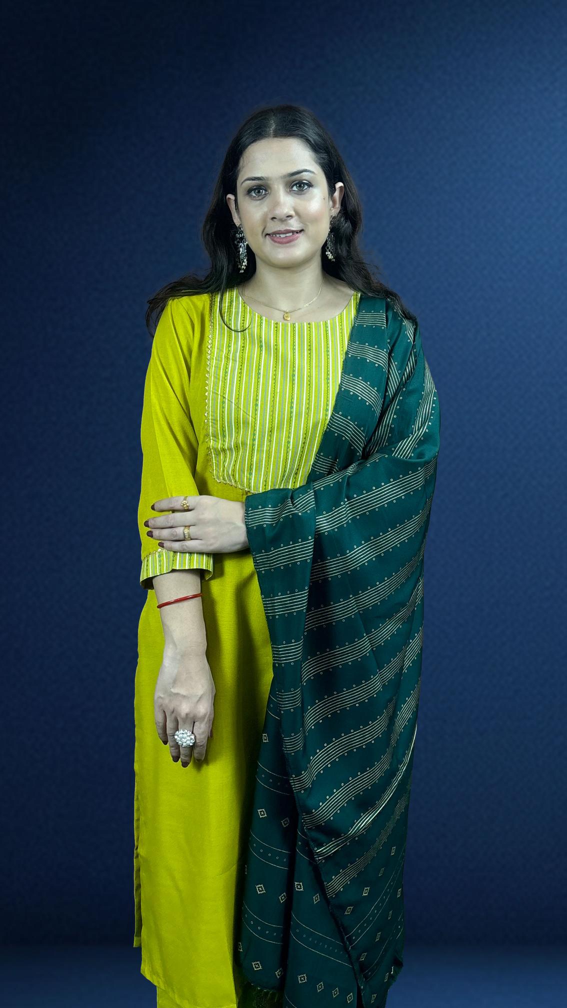 Mustard Yellow Suit Set with Dark Green Dupatta