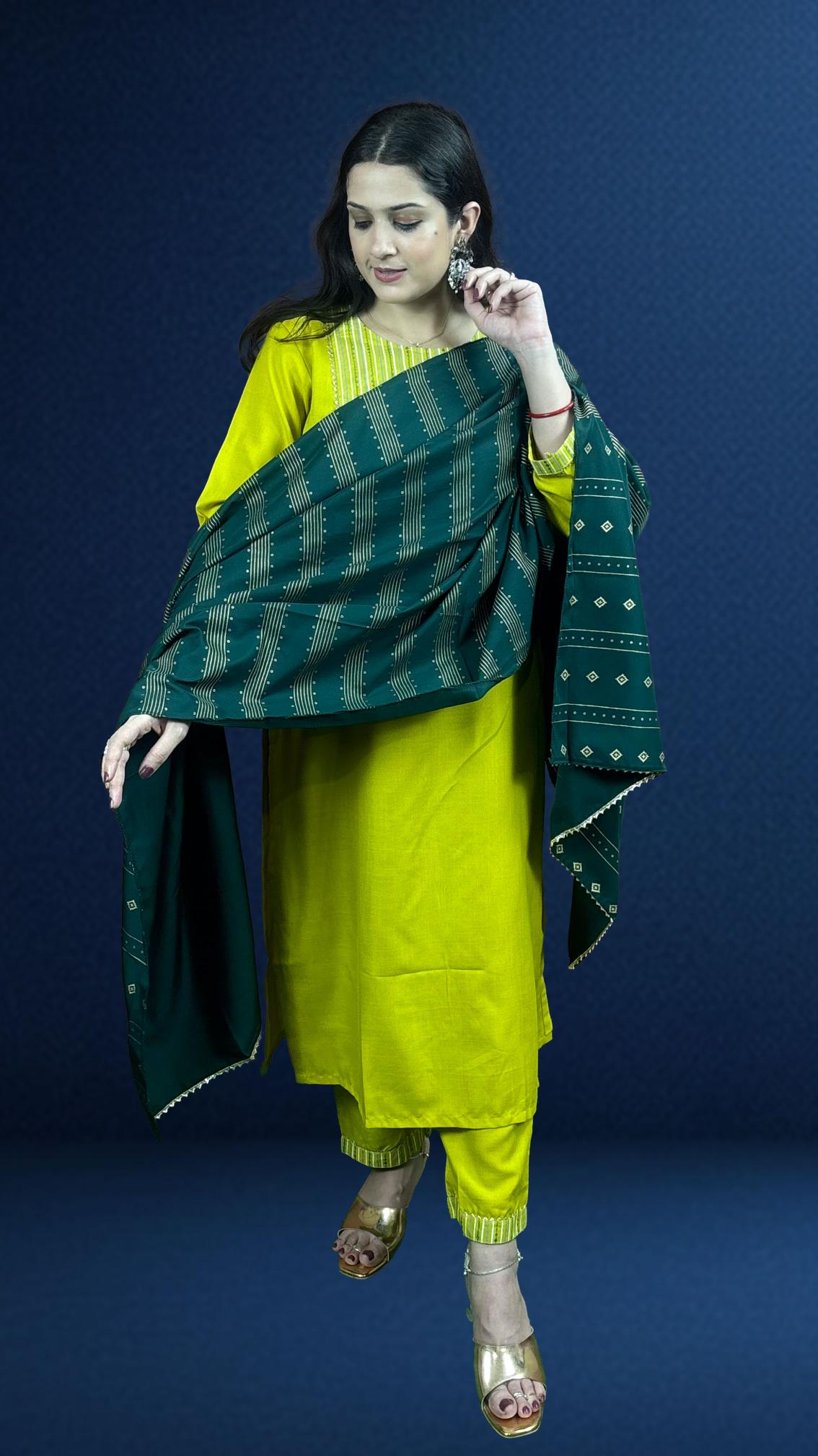 Mustard Yellow Suit Set with Dark Green Dupatta