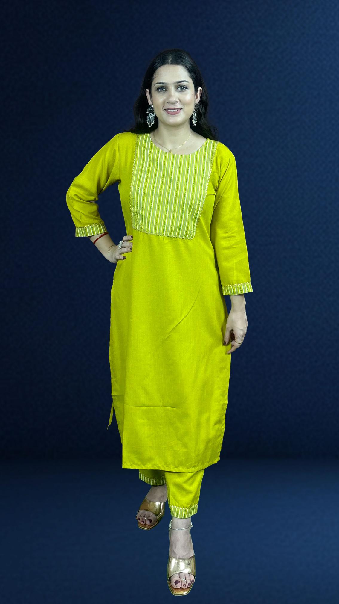 Mustard Yellow Suit Set with Dark Green Dupatta