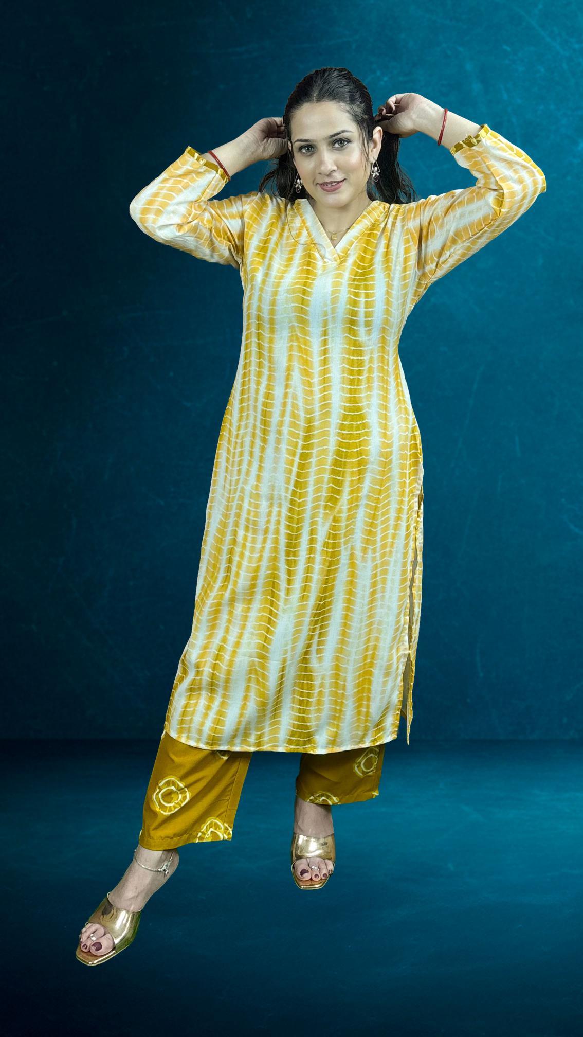 Yellow Tie-Dye Printed Suit Set