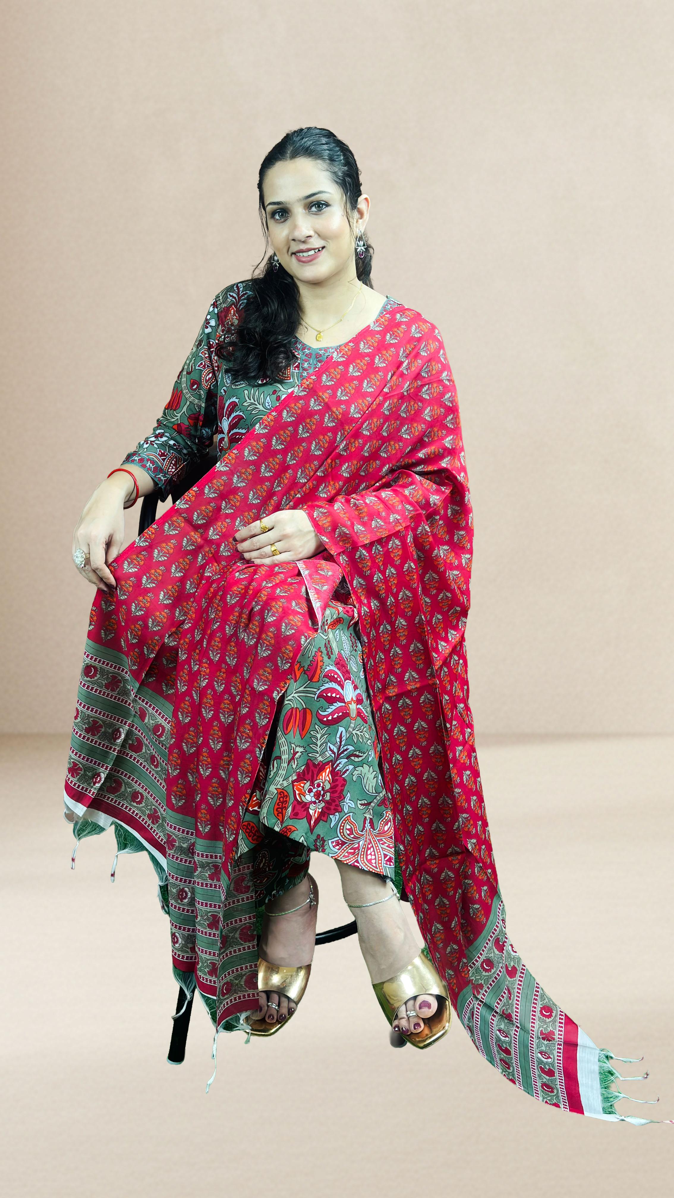 Grey & Red Printed Suit Set