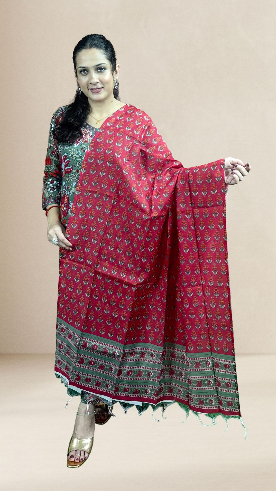 Grey & Red Printed Suit Set