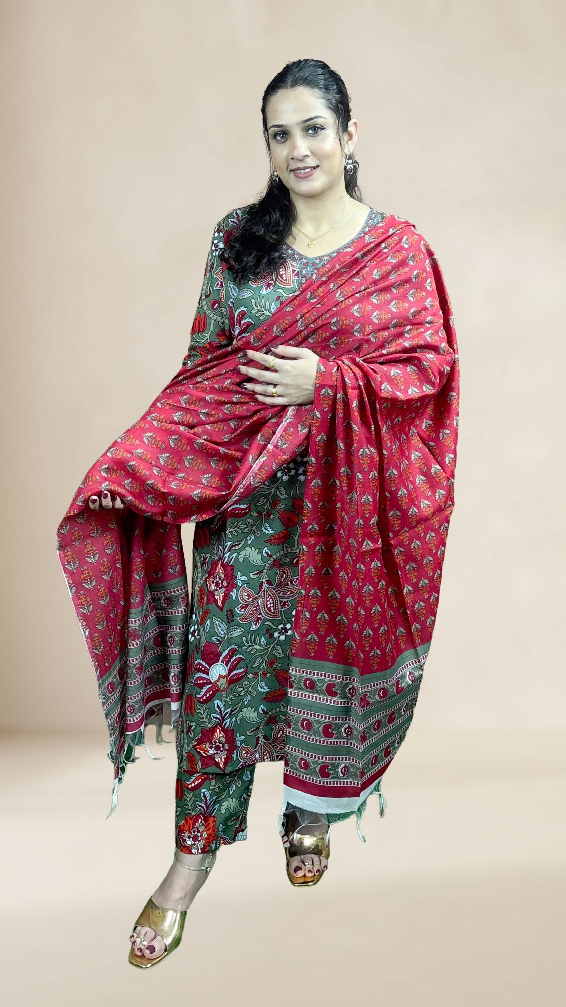 Grey & Red Printed Suit Set