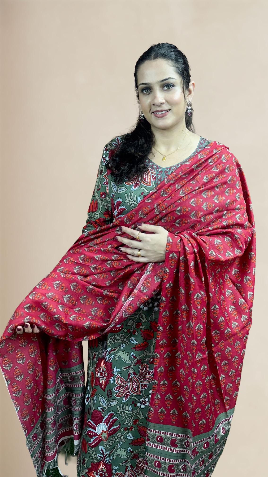 Grey & Red Printed Suit Set