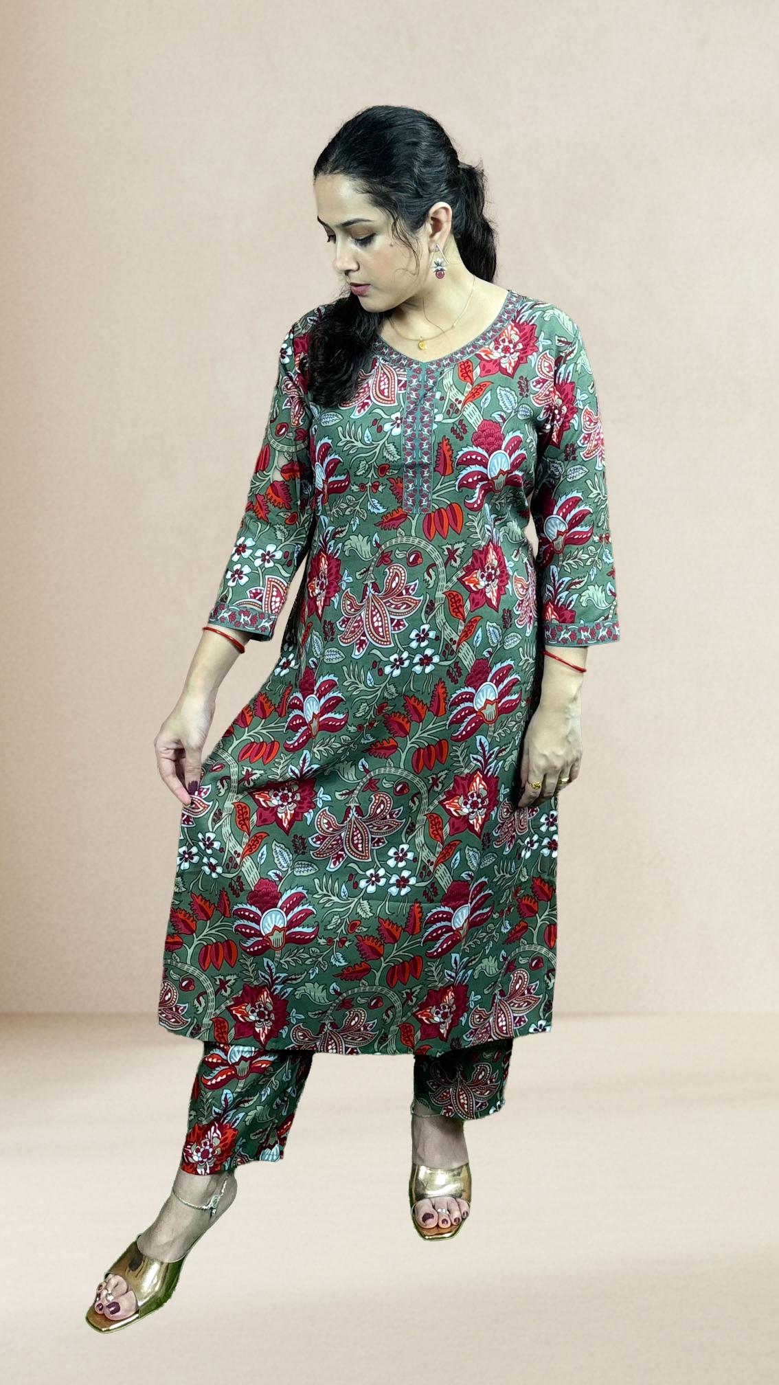 Grey & Red Printed Suit Set