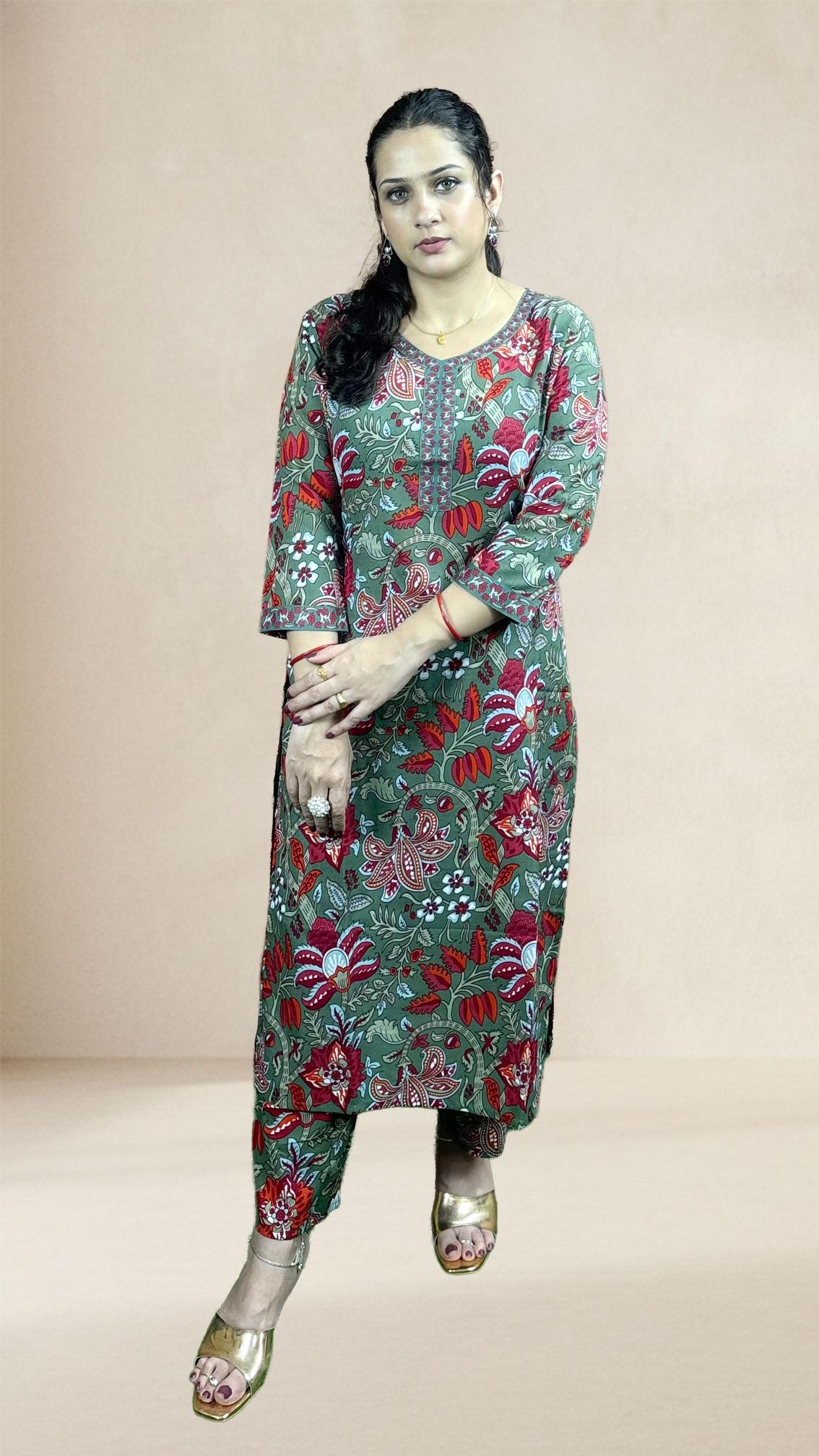 Grey & Red Printed Suit Set