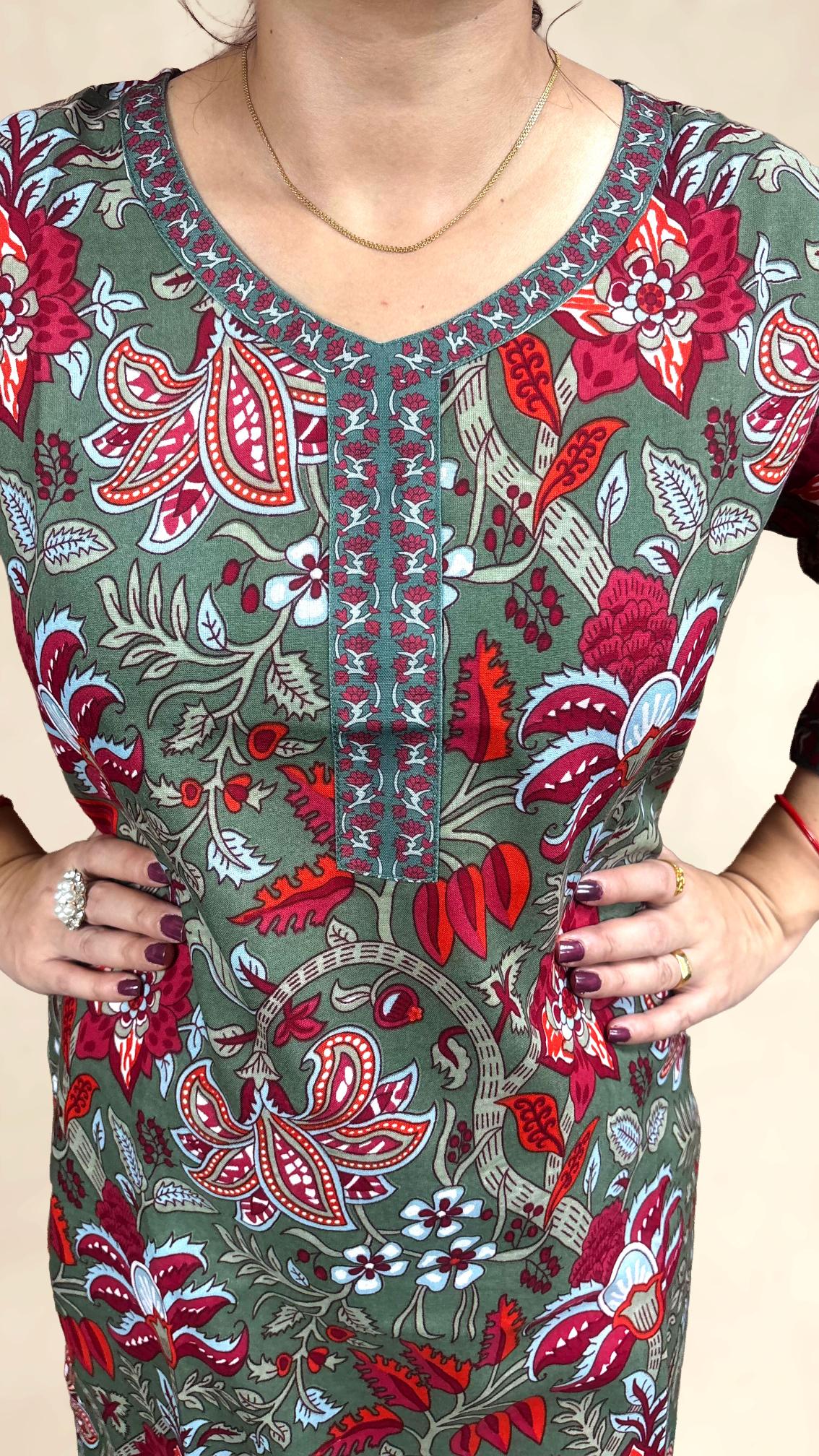 Grey & Red Printed Suit Set