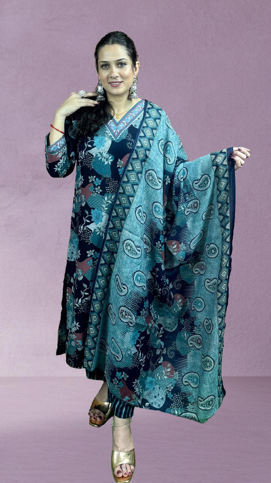 Blue Printed Cotton Suit Set