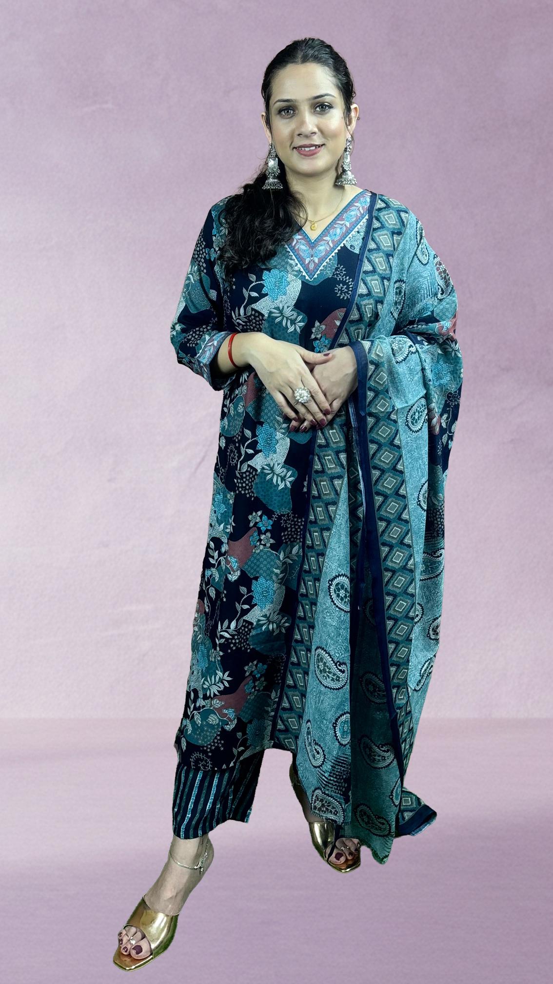 Blue Printed Cotton Suit Set