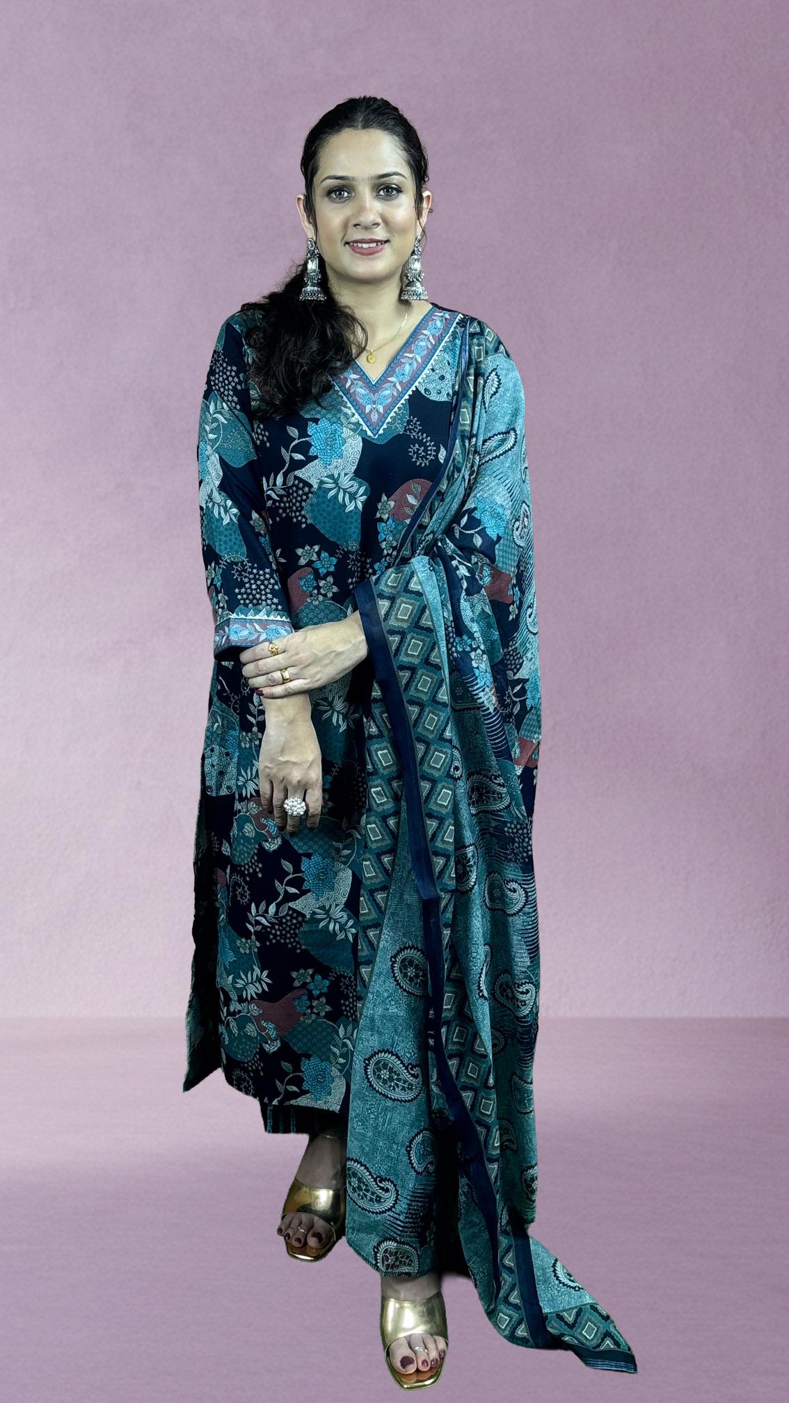Blue Printed Cotton Suit Set