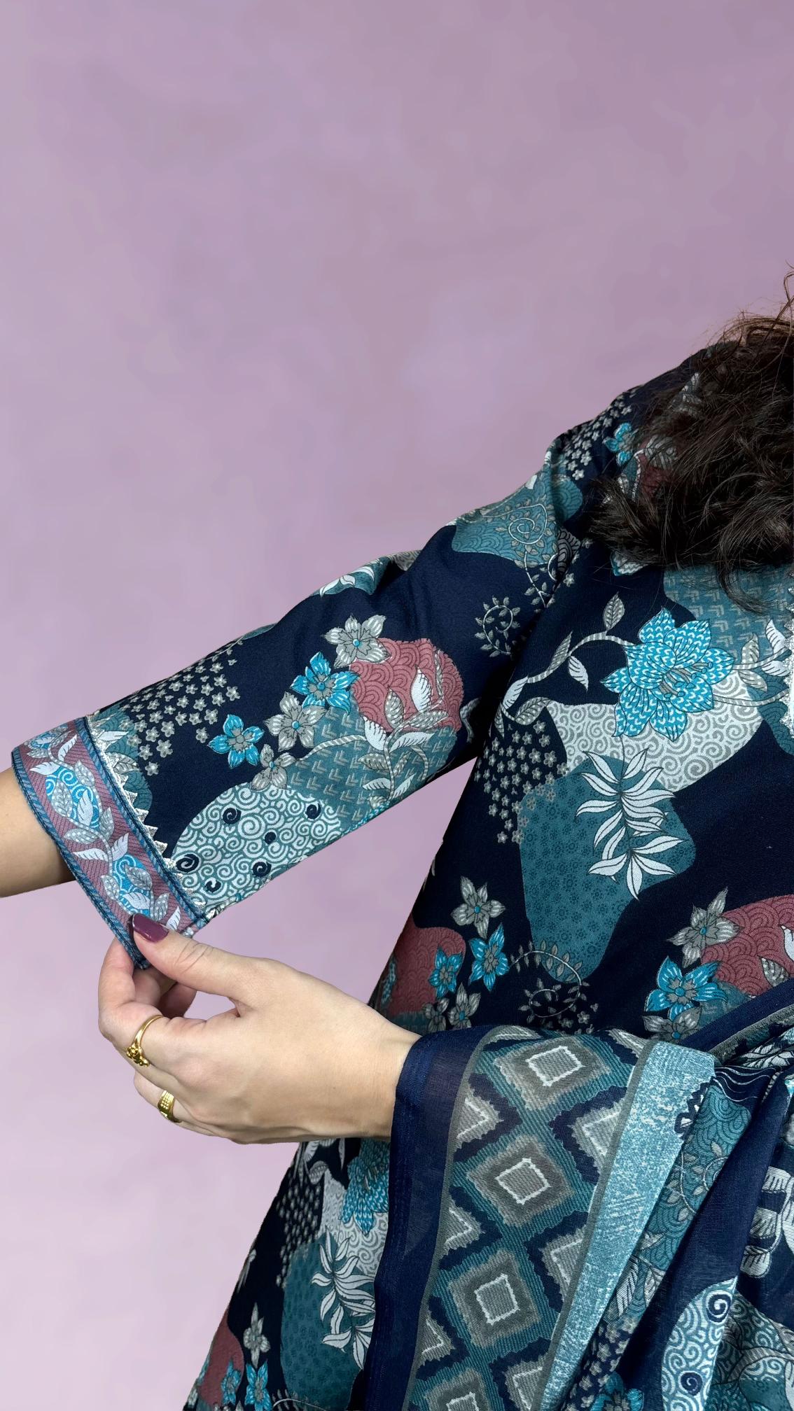 Blue Printed Cotton Suit Set