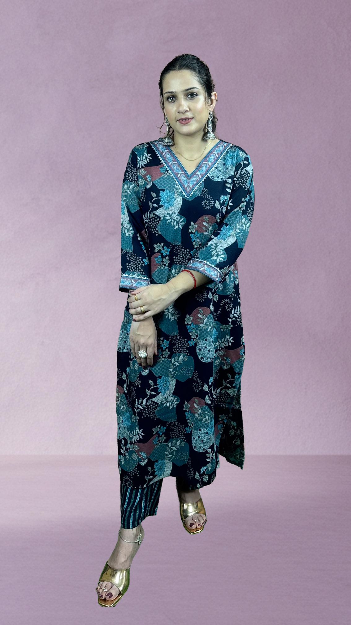 Blue Printed Cotton Suit Set
