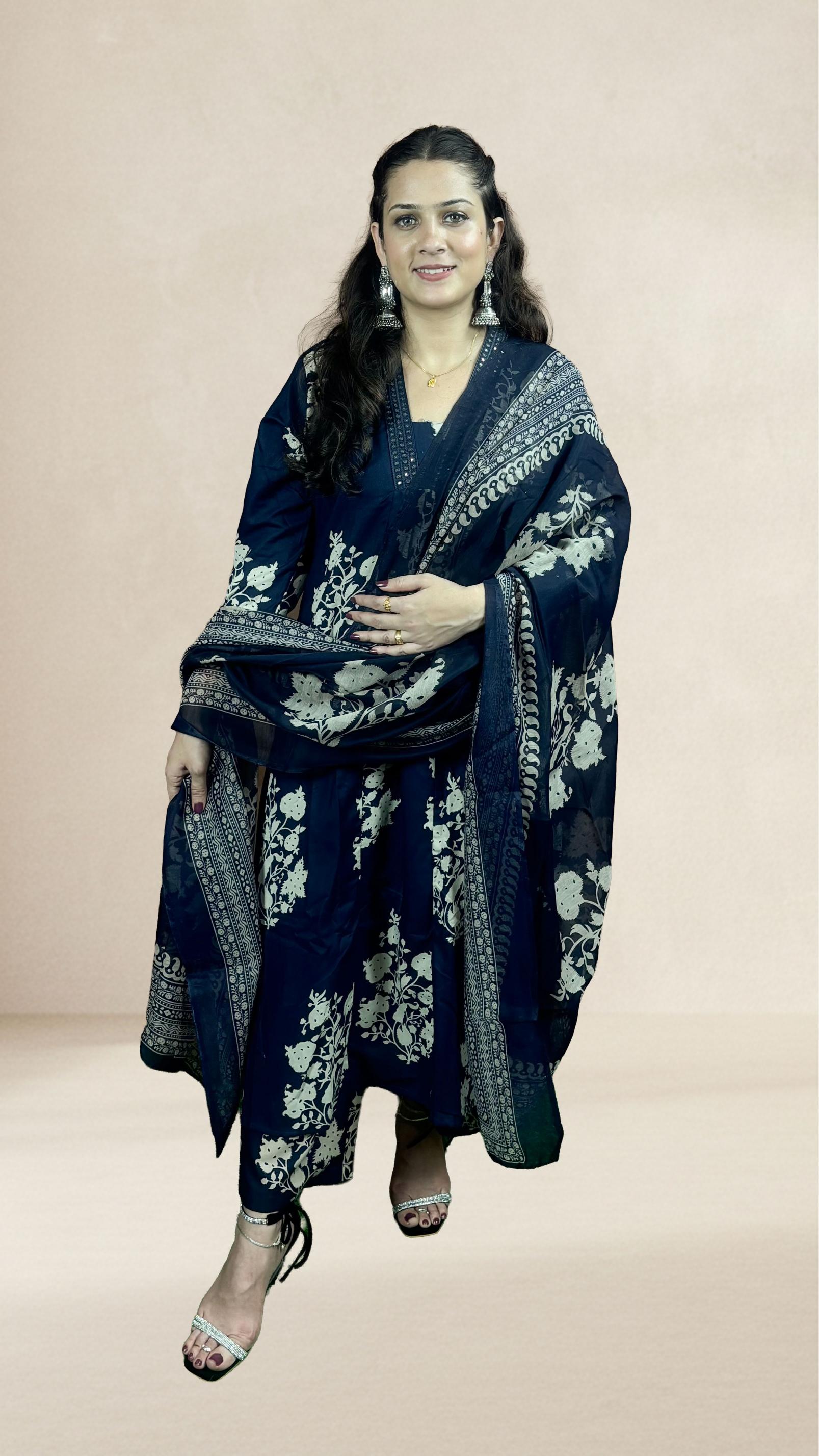 Navy Blue Floral Printed Suit Set