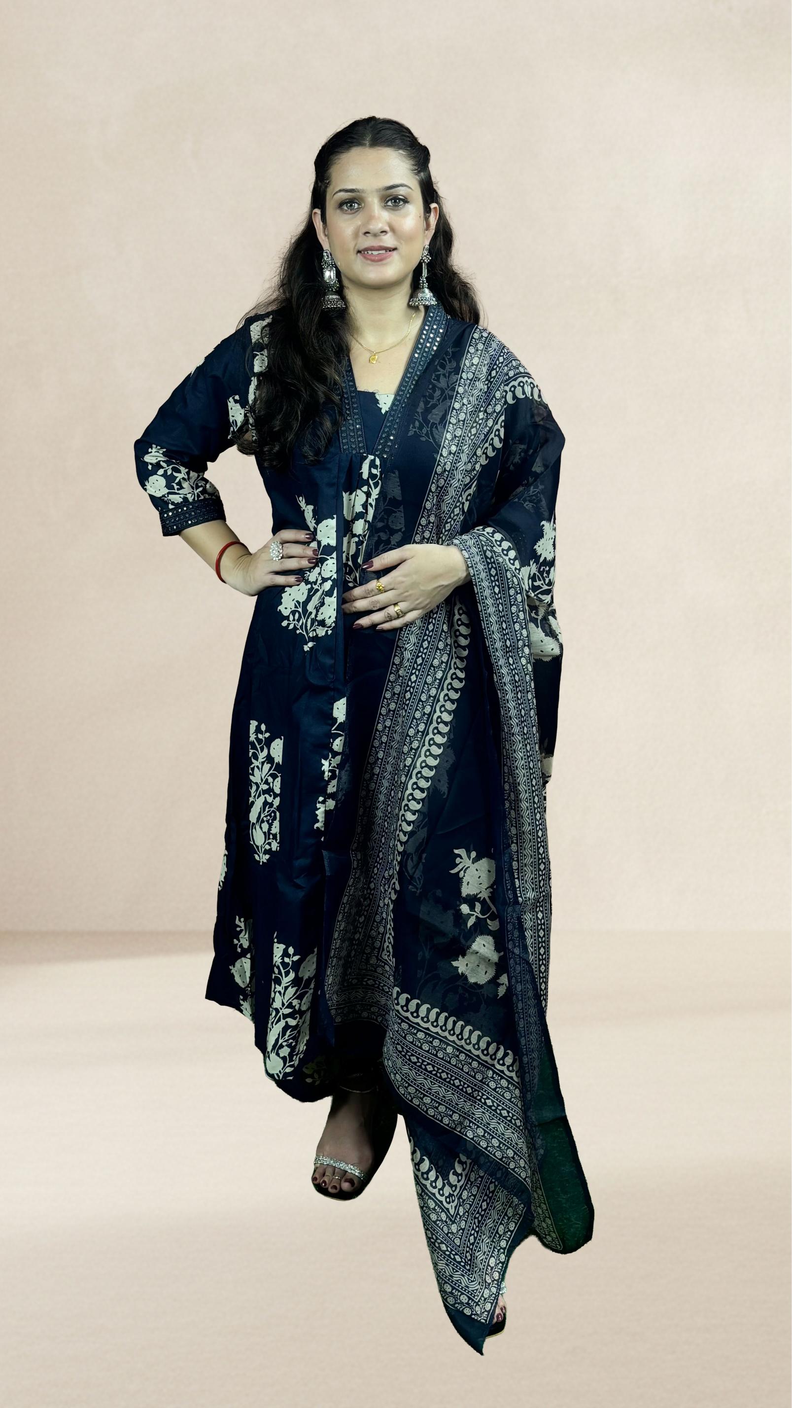 Navy Blue Floral Printed Suit Set