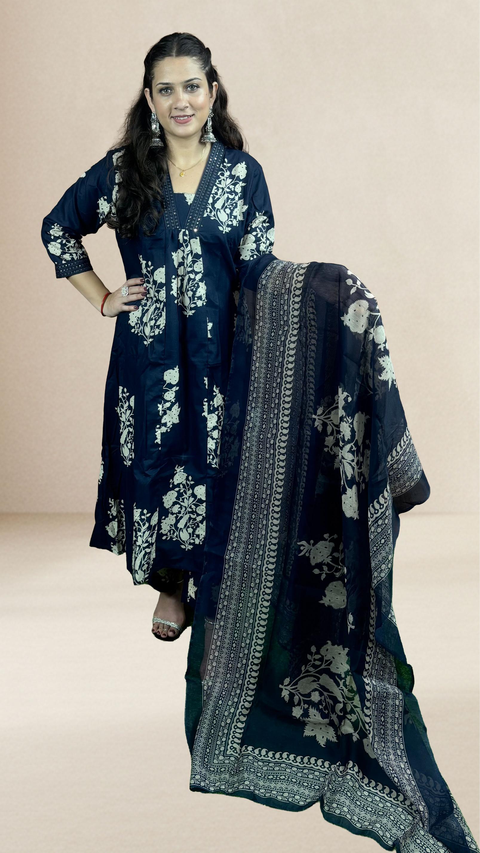 Navy Blue Floral Printed Suit Set