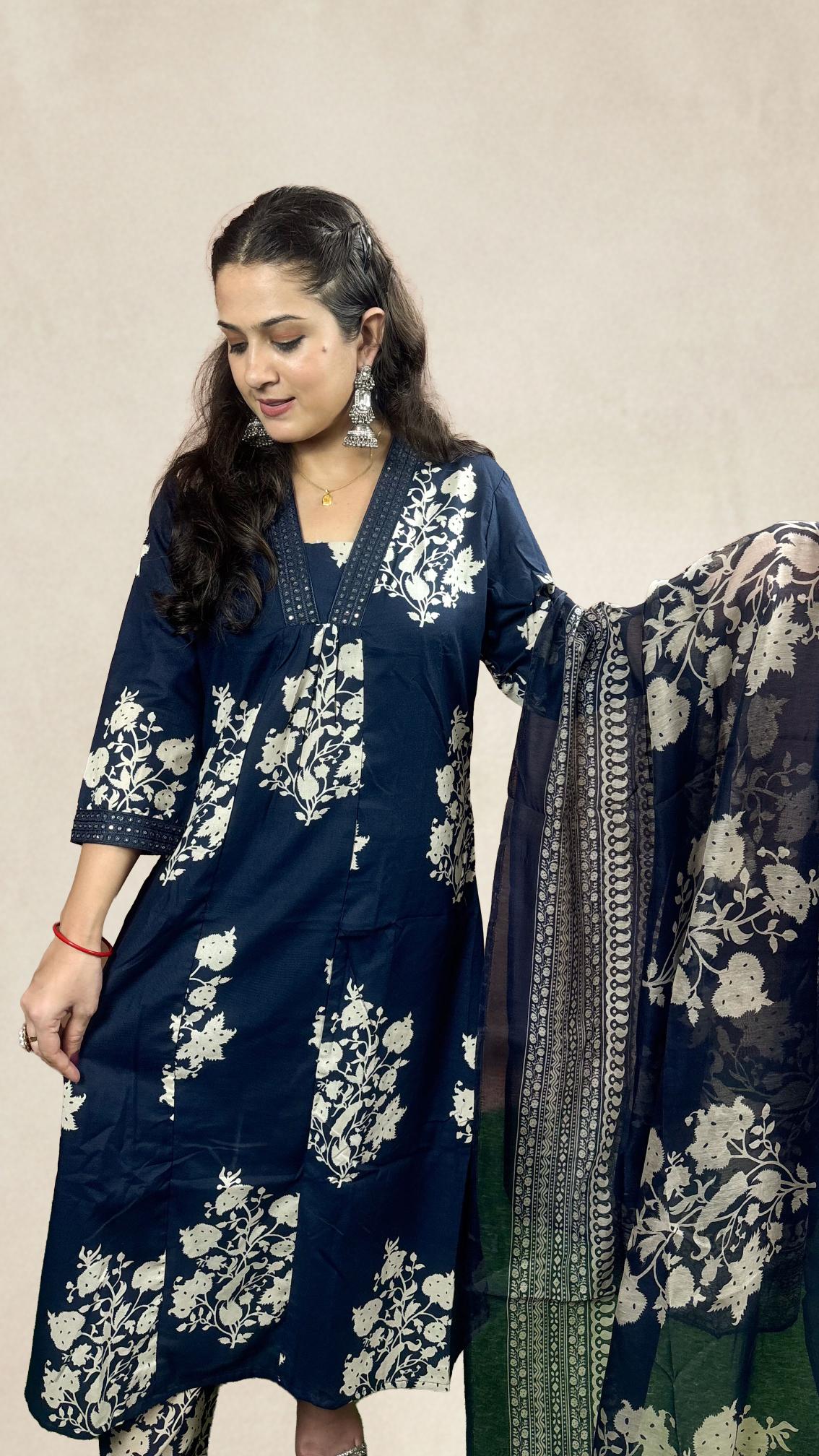 Navy Blue Floral Printed Suit Set