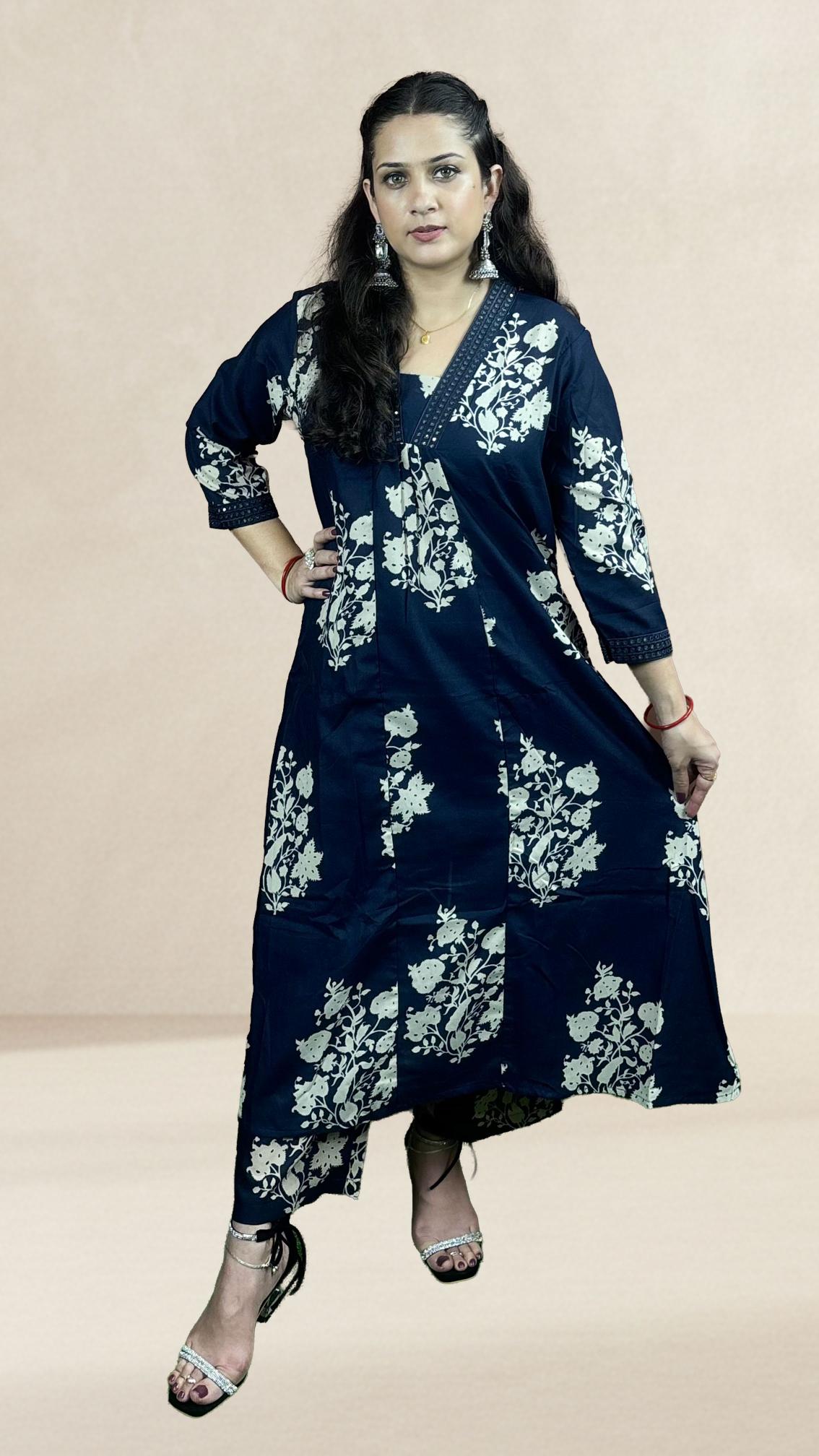 Navy Blue Floral Printed Suit Set