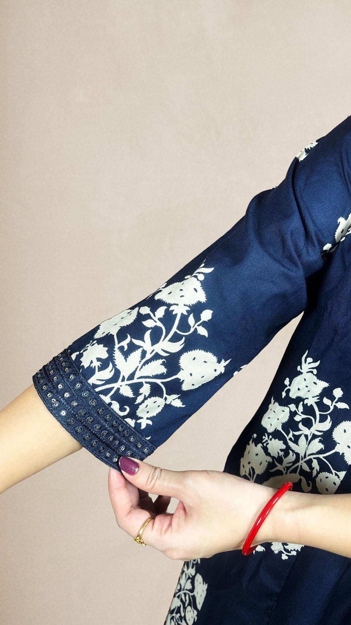 Navy Blue Floral Printed Suit Set